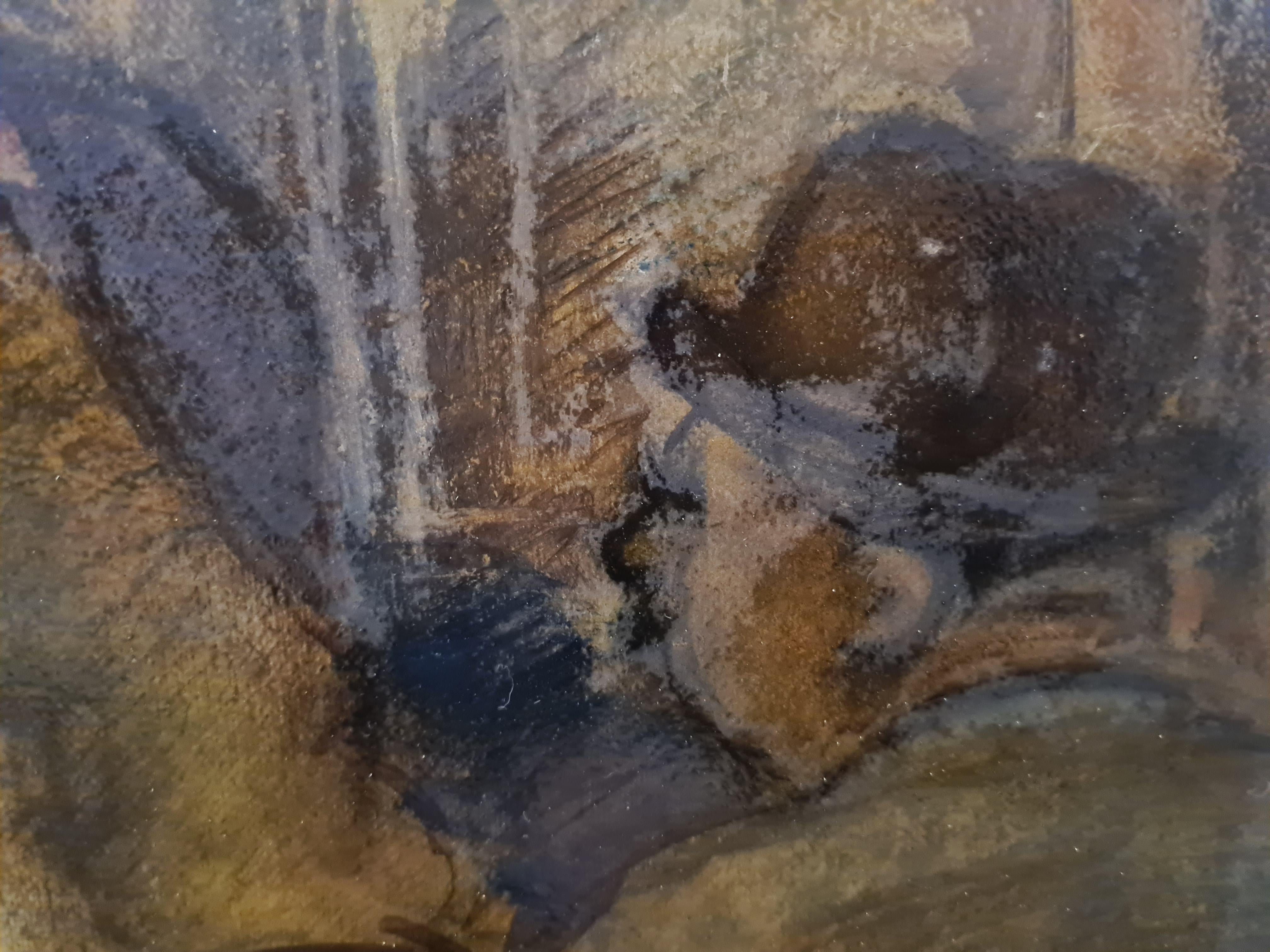 Escena de bar postimpresionista, Le Cafe du Commerce, Óleo sobre tabla - Figurative Painting Marrón de Simon Simon-Auguste