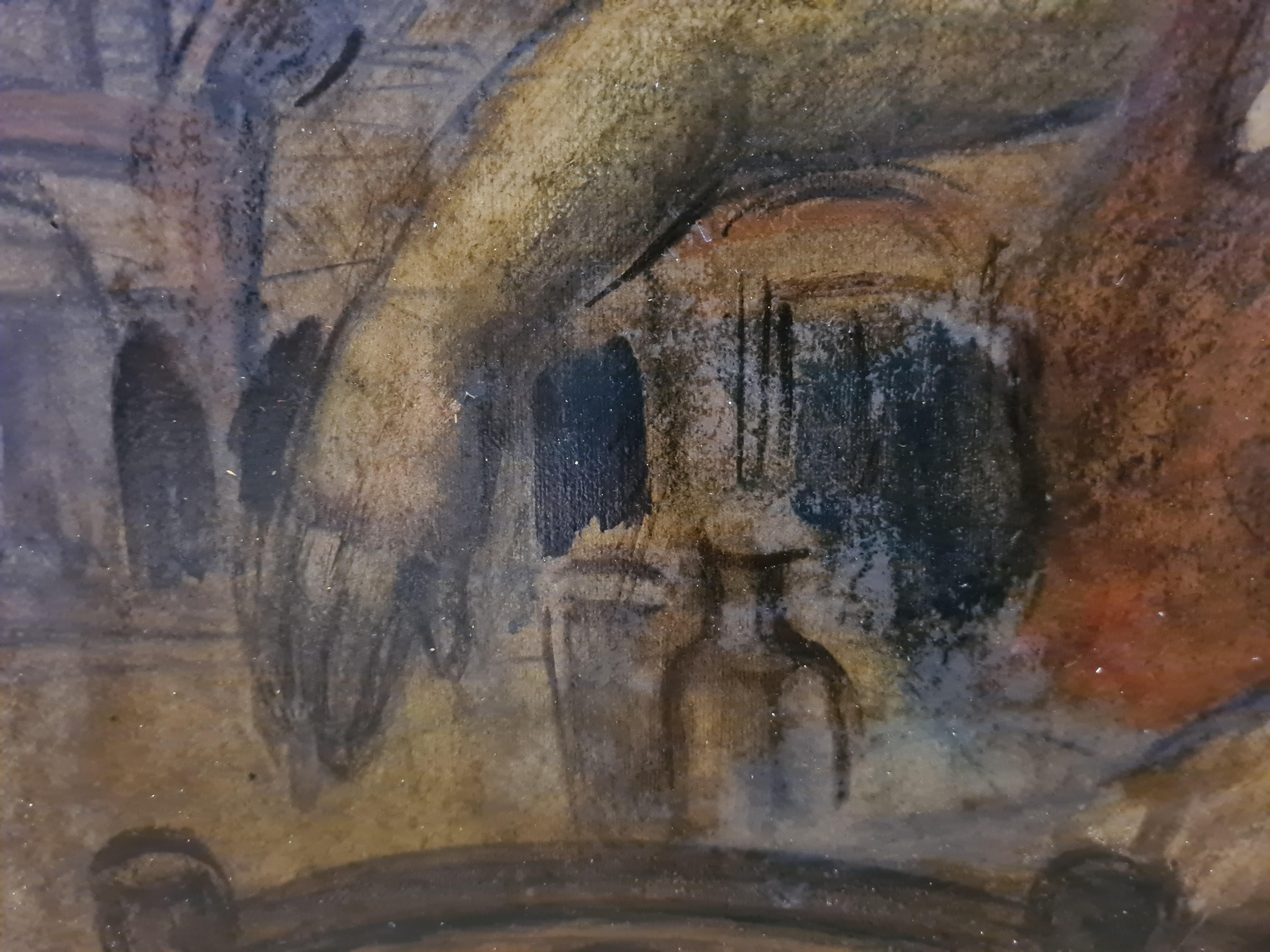 Óleo sobre tabla de principios del siglo XX, escena de interior de bar, de Simon Joseph Simon-Auguste. El cuadro está firmado abajo a la derecha y se presenta en un fino marco Montparnasse de madera tallada dorada. Hay el esbozo de otro dibujo en el