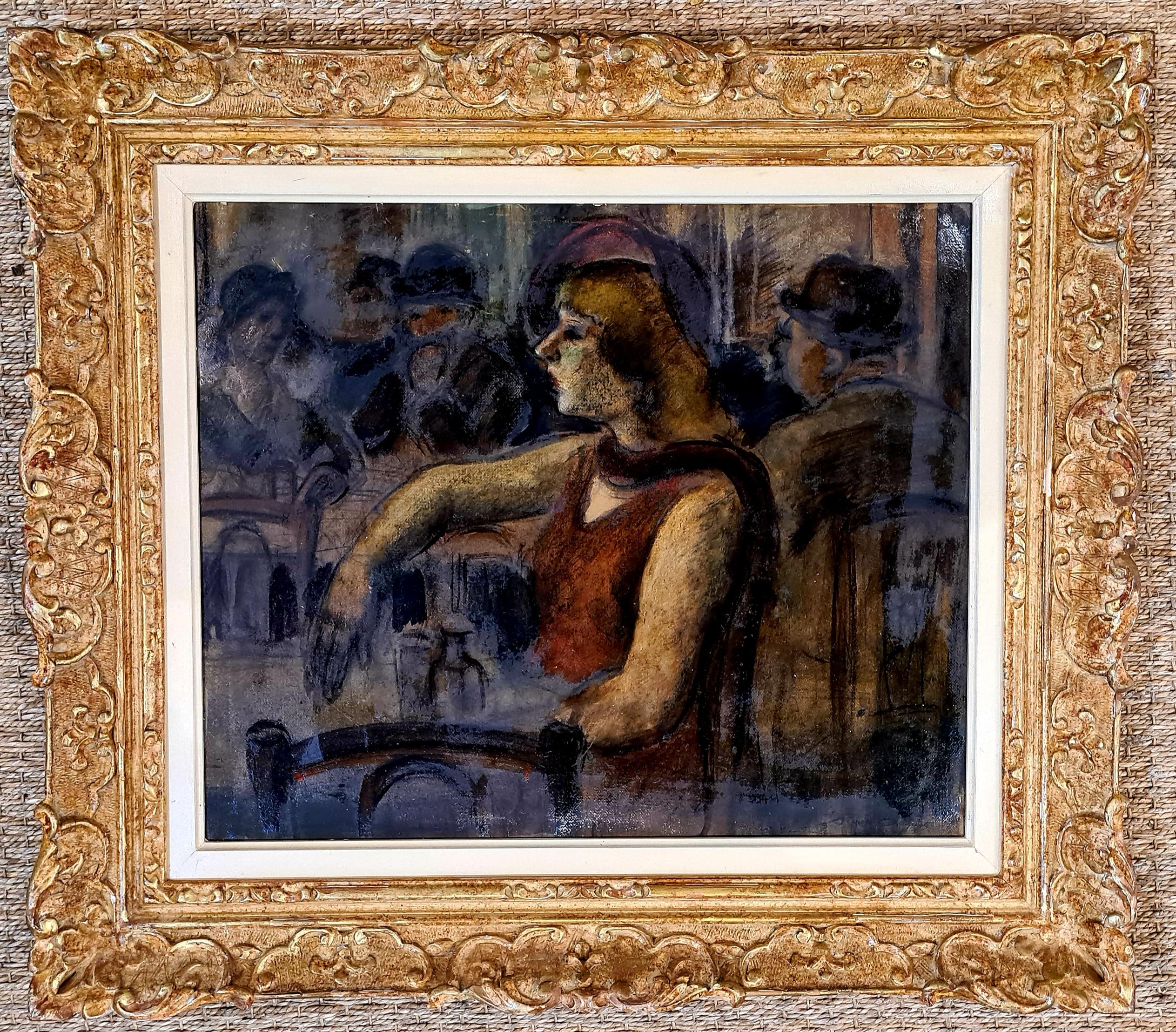 Figurative Painting de Simon Simon-Auguste - Escena de bar postimpresionista, Le Cafe du Commerce, Óleo sobre tabla