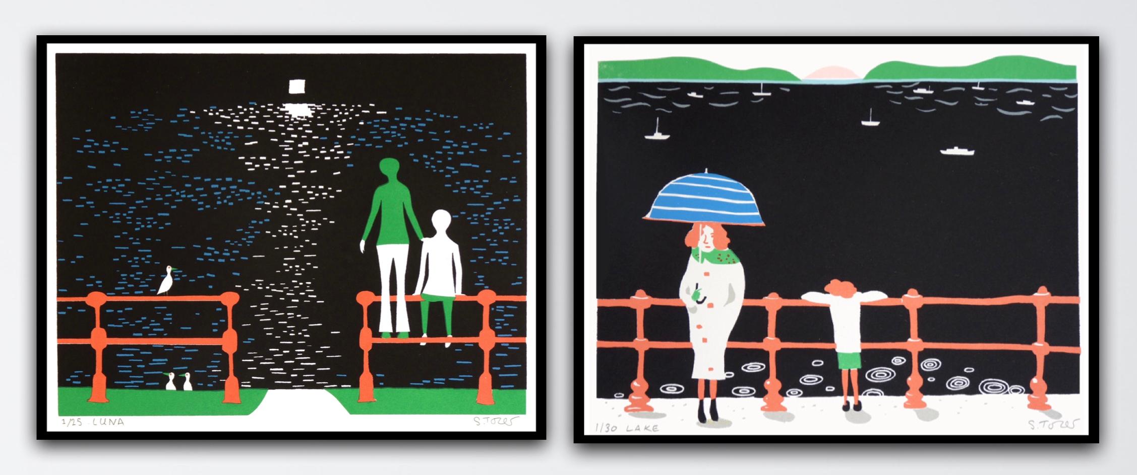 Simon Tozer Figurative Print – Luna- und Lake- Walk
