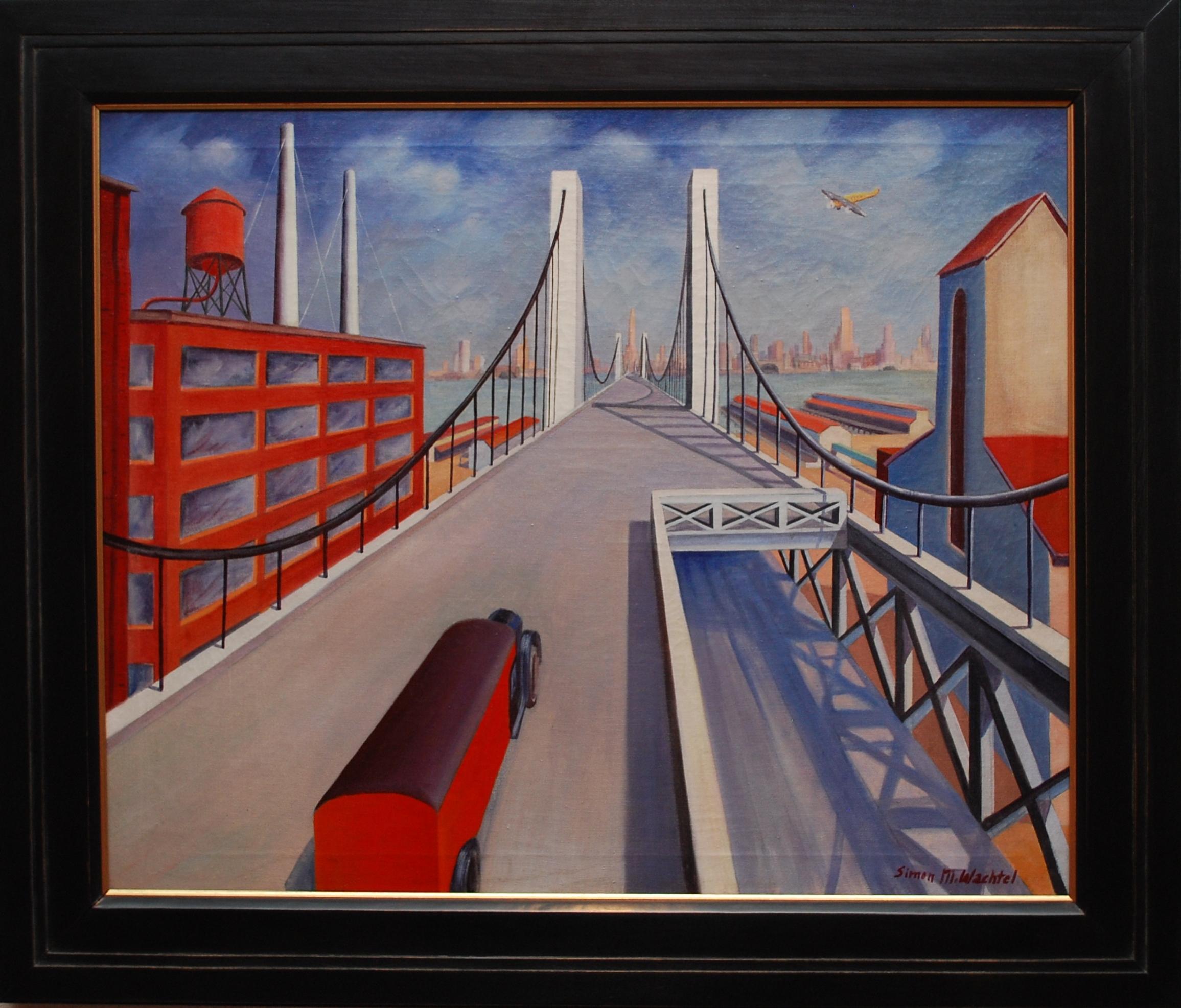 Une peinture précisionniste d'un paysage urbain industriel avec un pont blanc entre le New Jersey et la Pennsylvanie.  