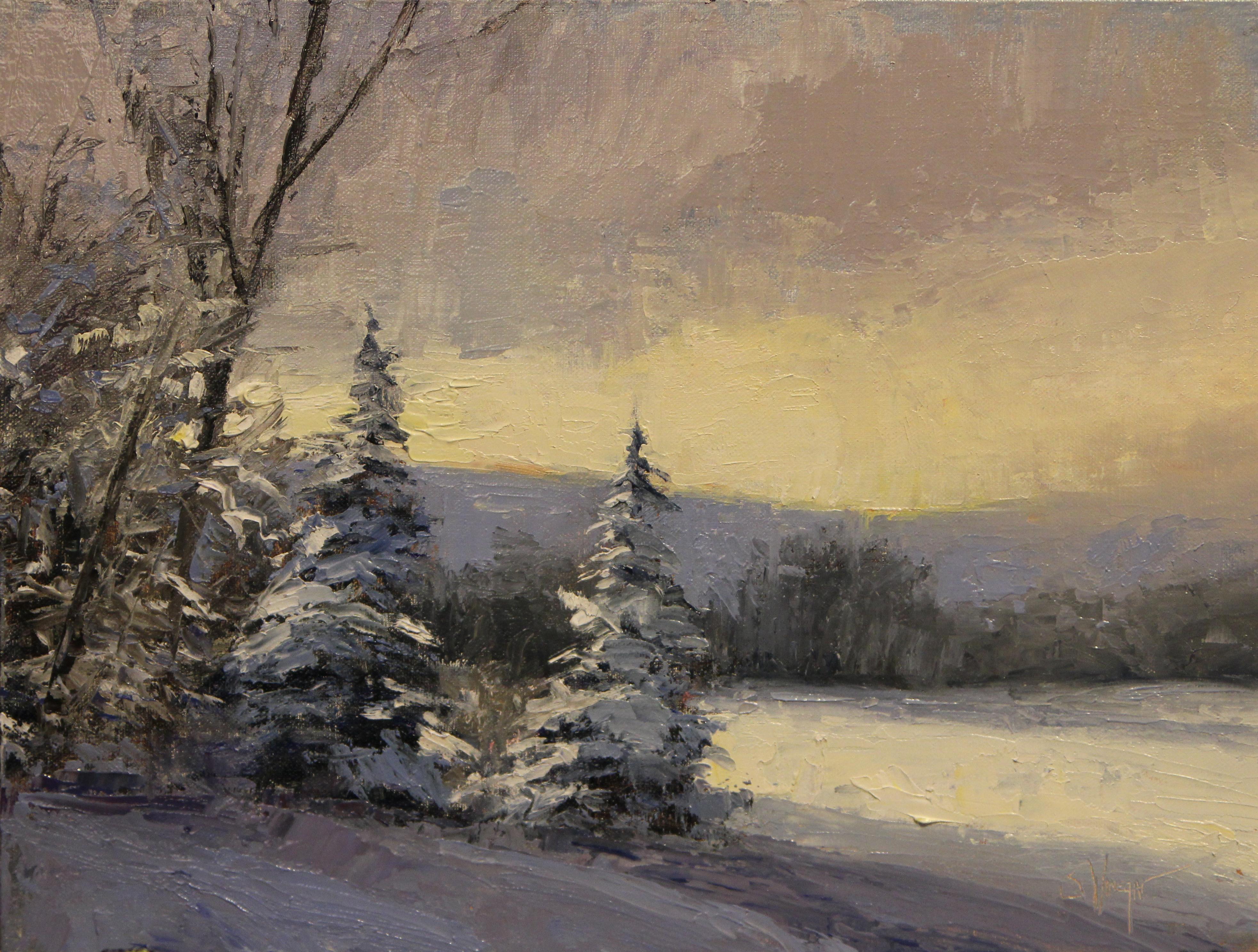 Simon Winegar Landscape Painting - Across a Frozen Lake (winter, landscape, snow, trees)