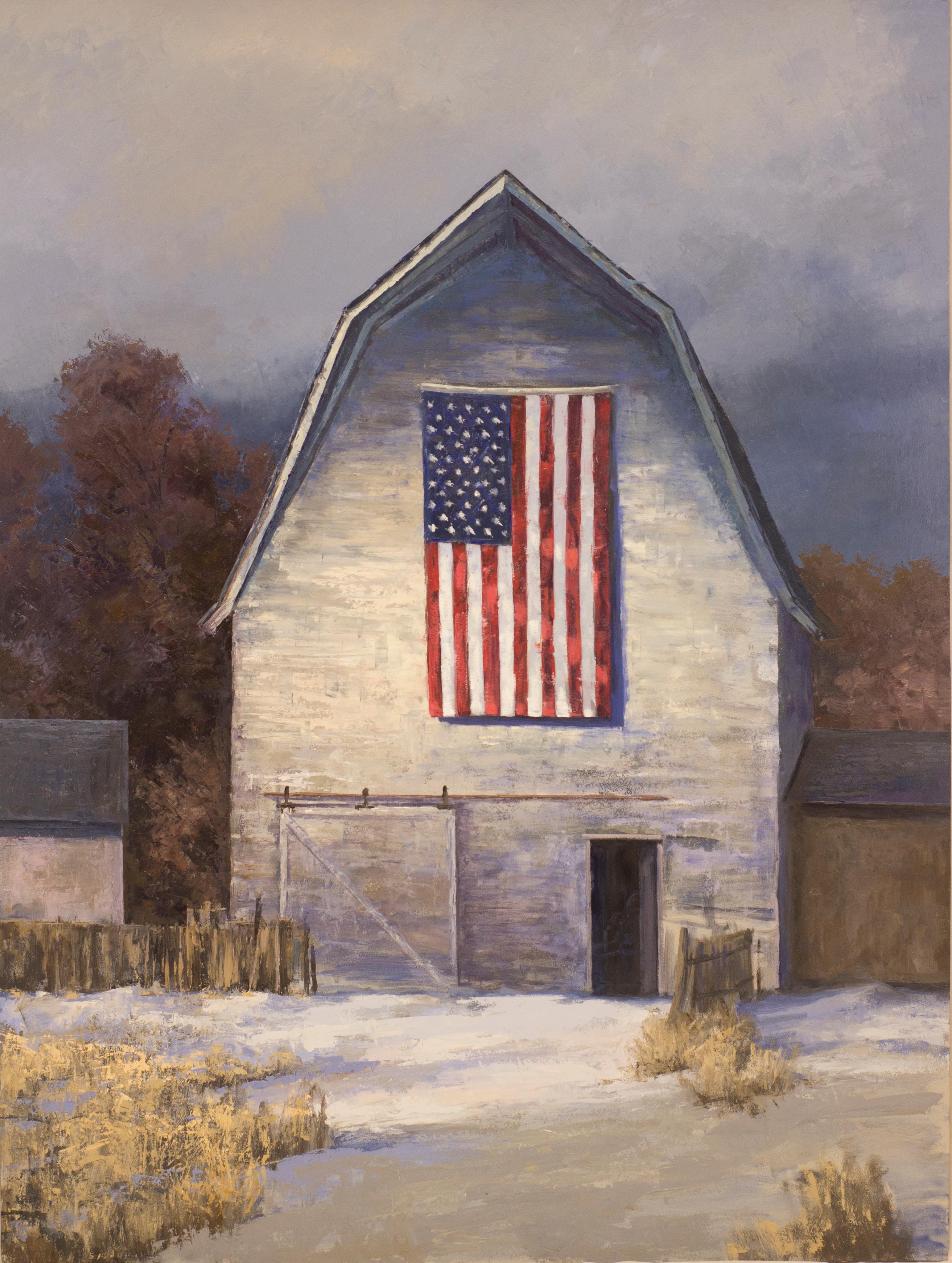 Simon Winegar Landscape Painting - With Hope in a New Year (American flag, weathered hay barn, moody sky)