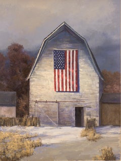 With Hope in a New Year (American flag, weathered hay barn, moody sky)