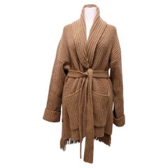 Simona Corsellini Kamelfarbener Strickcardigan in Übergröße mit Fransensaum - M
