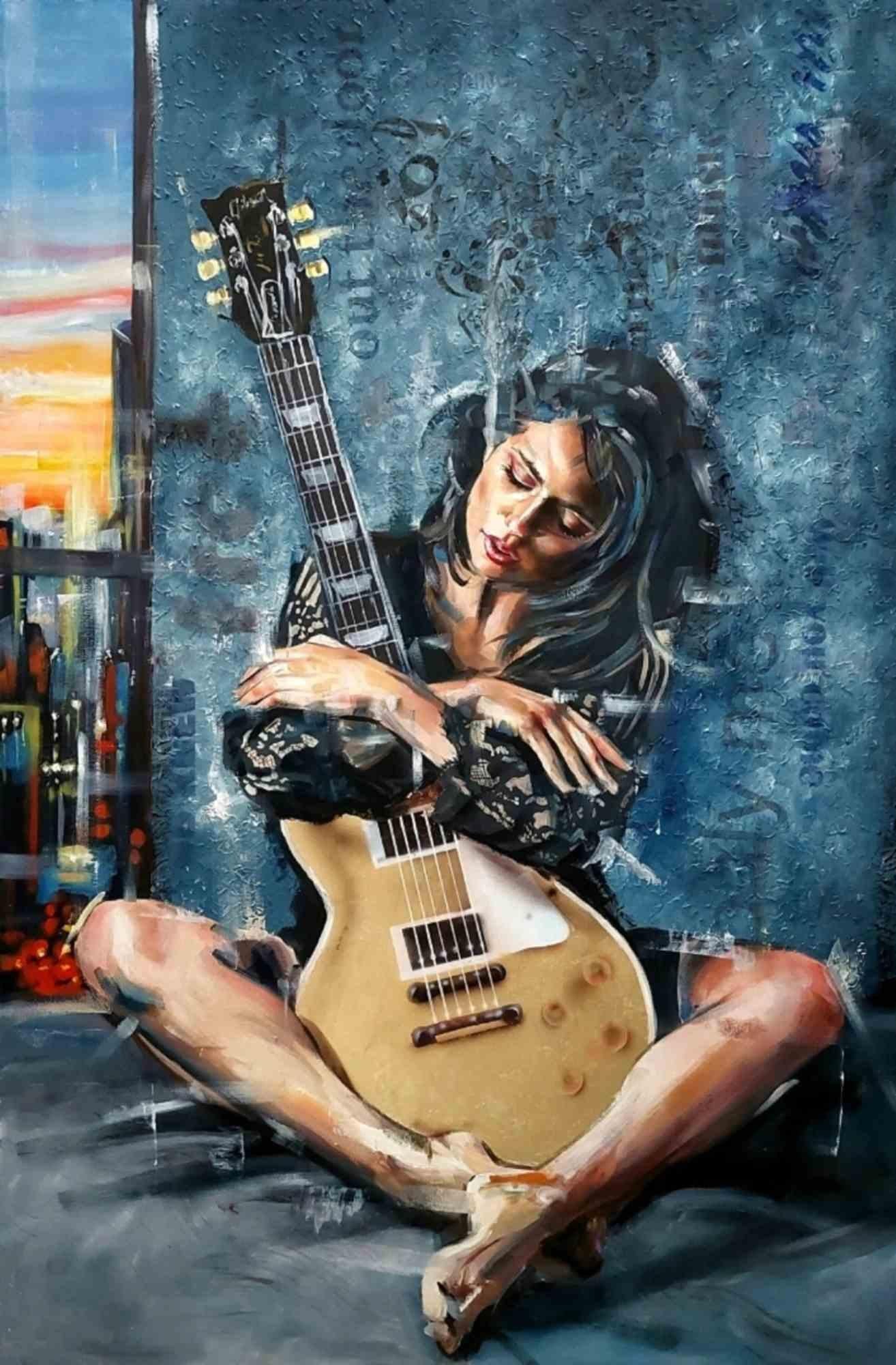 "Safe Place" is an oil on canvas painting with gold leaf and acrylic paste, cm 80x120. Music is the woman's safe place, just like her arms are for her beloved guitar.

The guitar model is a Gibson Les Paul Gold Top and it is made with gold leaf.
The