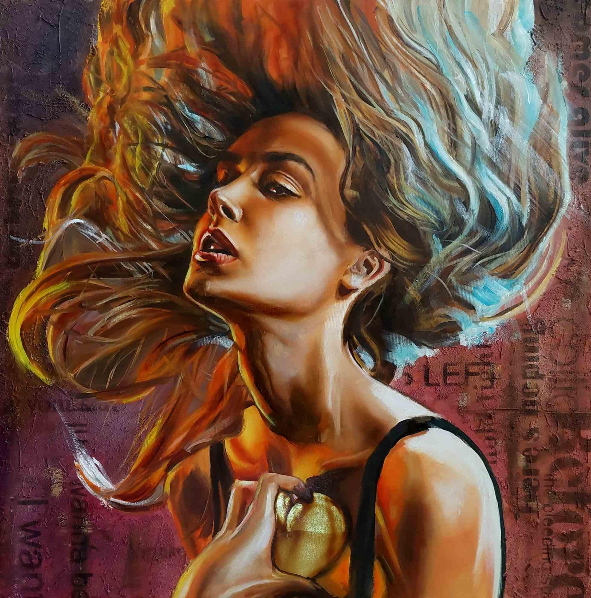 "Sudden Blast" is an oil on canvas portrait painting with gold leaf and acrylic paste, cm 90x90.

The girl in the portrait is overwelmed by such an intense emotion she feels like her heart is bouncing off her chest. The heart she is grabbing is made