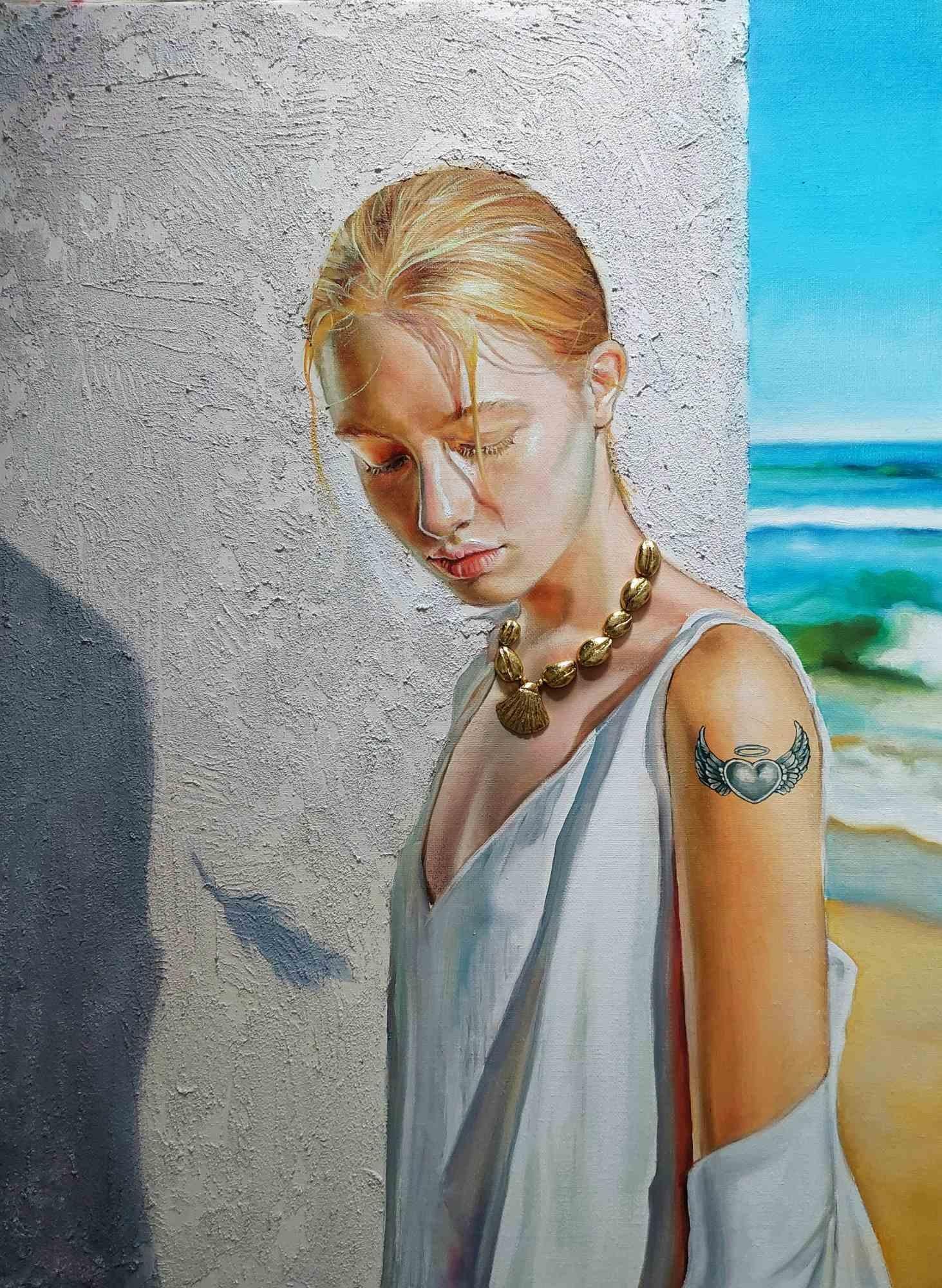 "Tell me on a Sunday" is an oil on canvas painting with gold leaf, clay and acrylic paste, cm 80x60.

It portrays a girl immersed in a summer light, the background of the sea can be glimpsed behind the wall. Her expression reflects a kind of