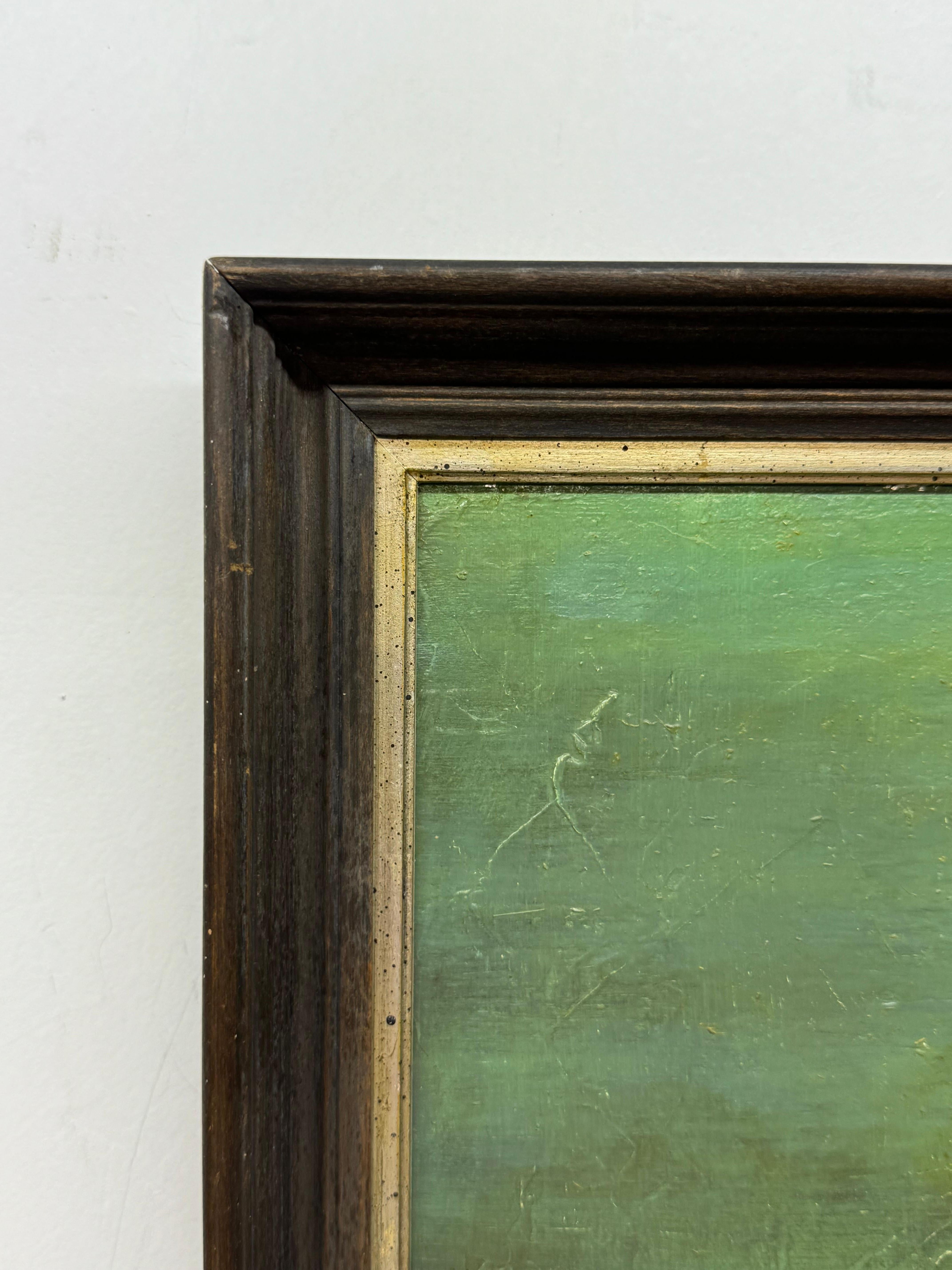 Uomo su panchina di legno con grande vaso, pittura a olio, 1964 - Painting di Simone
