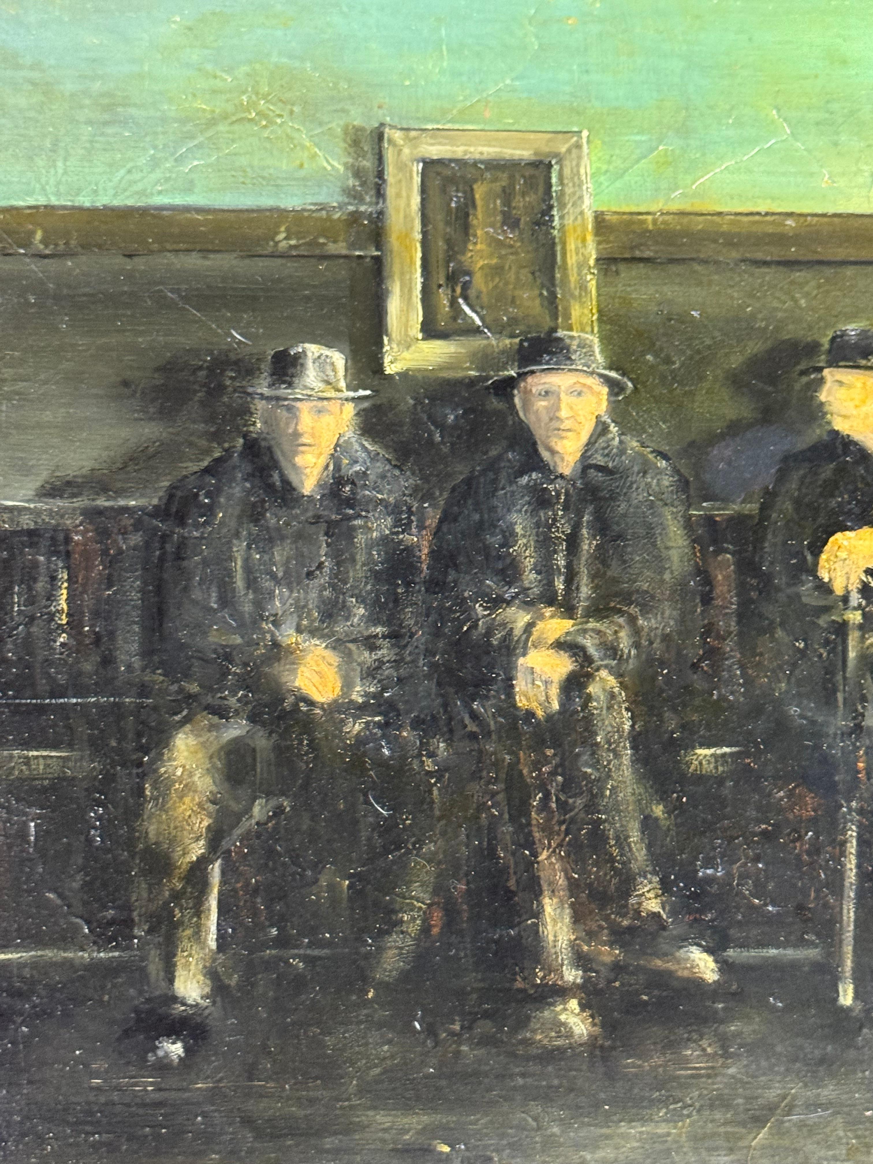 Men on Wooden Bench With Large Pot, Oil Painting, 1964 For Sale 2