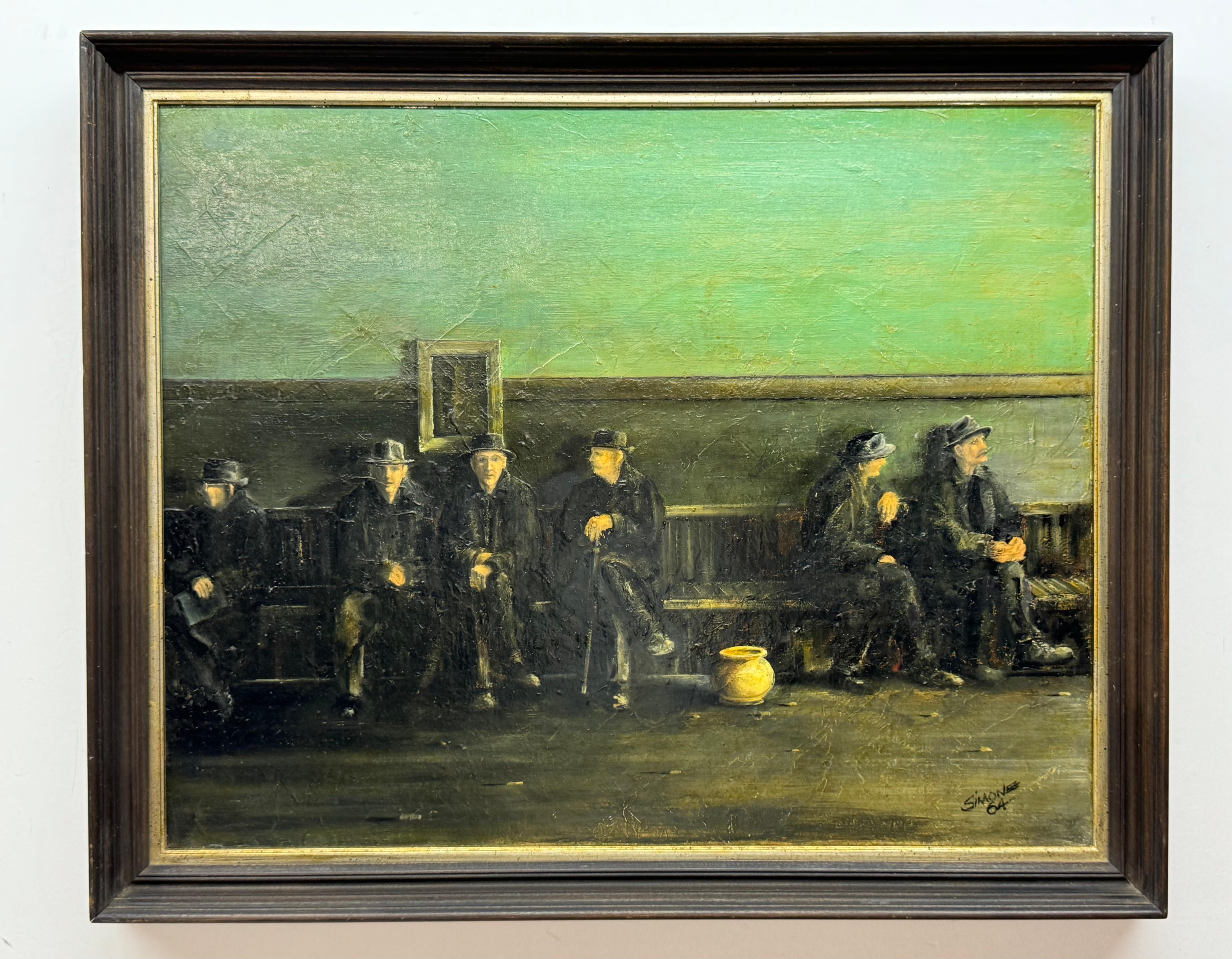Simone Figurative Painting - Men on Wooden Bench With Large Pot, Oil Painting, 1964
