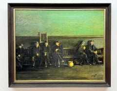 Retro Men on Wooden Bench With Large Pot, Oil Painting, 1964