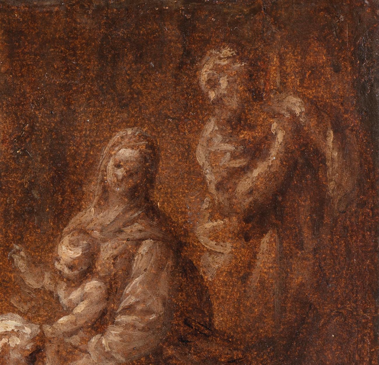 Simone Cantarini (Pesaro 1612 - Verona 1648)
Adoration of the Magi 
Oil on paper applied to canvas, cm. 16,5 x 24  – with frame cm. 22 x 29
Antique shaped and silvered wooden frame

Expertise: Anna Orlando
Publications: Bozzetti, modelletti,