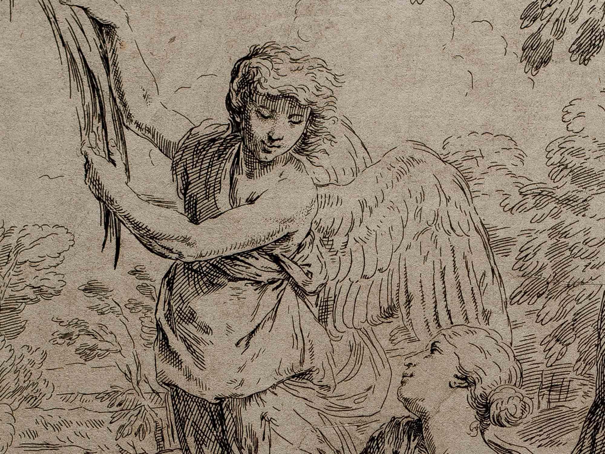 The Arrival of the Angel - Etching By Simone Cantarini  - 17th Century For Sale 1