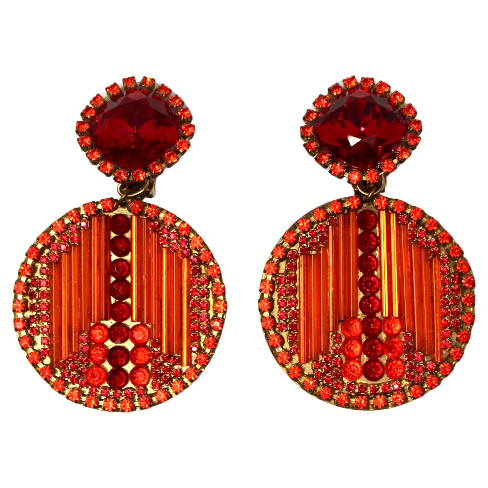 Simone Eduard Orange 
Red Rhinestone Peace Sign Clip-On Earrings circa 1980s For Sale