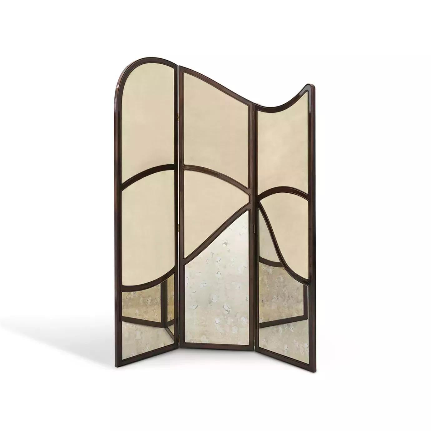 Gentle curves of dark bronze undulate to create the Simone screen's charismatic form. A bold yet subtle work of art,
Simone's soft panels of upholstery and elegant panes of antique mirror are sure to bring the allure of vintage glamour to
any