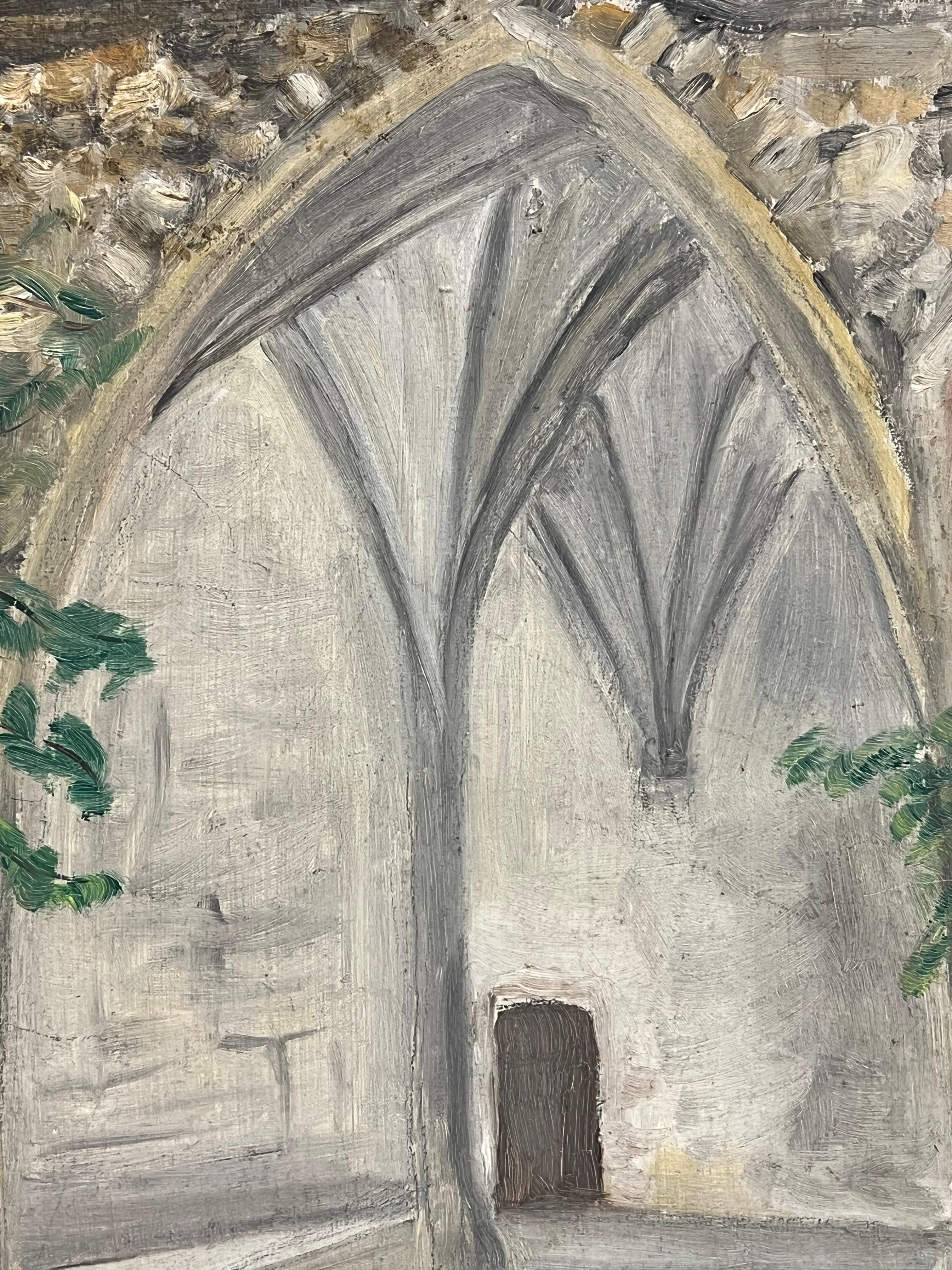 ister impressionniste français des années 1930 avec coffres et jardins gothiques - Beige Landscape Painting par Simone Forge