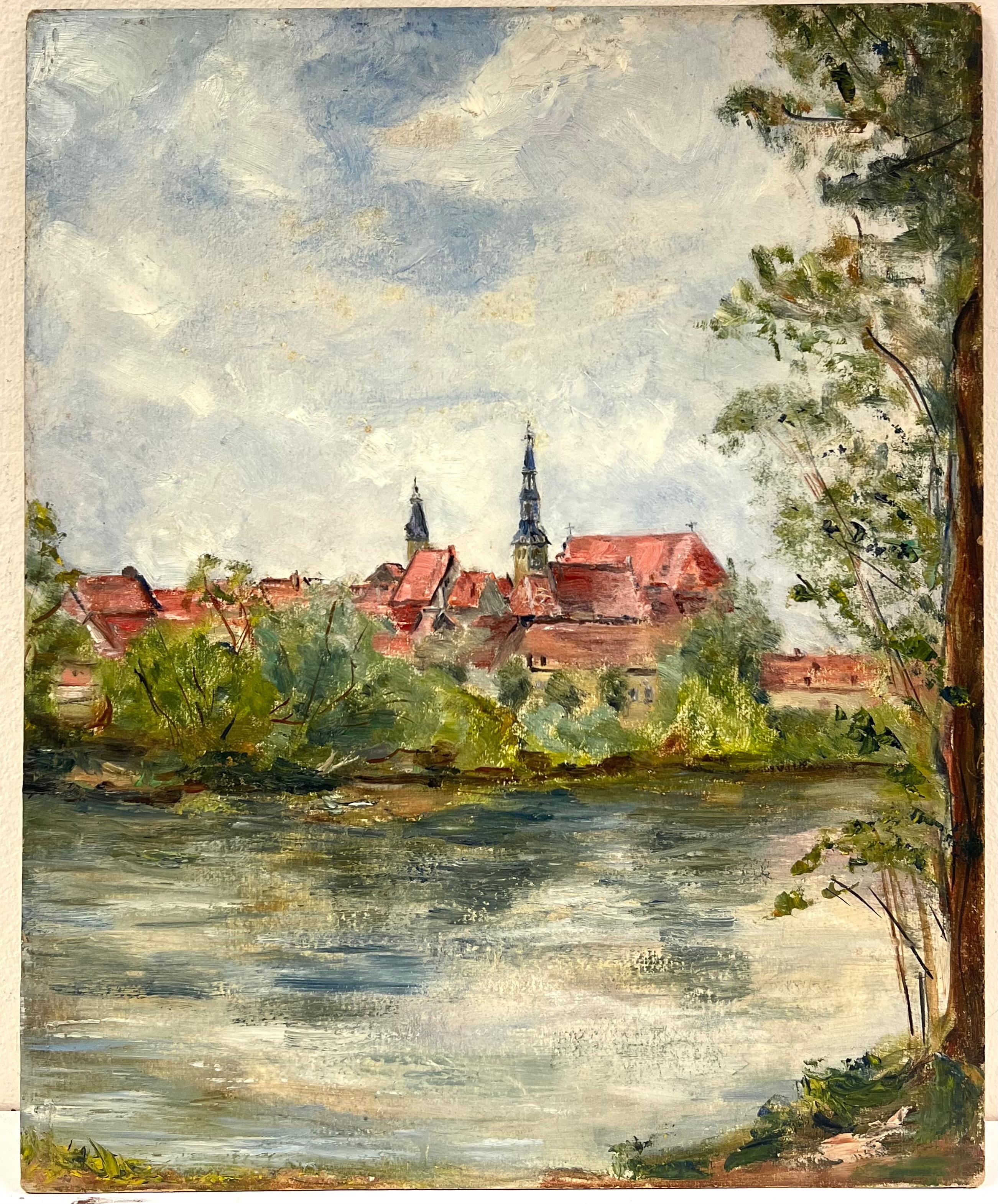 Französischer Impressionismus der 1930er Jahre Berck - Plage Townes mit Church's am Fluss – Painting von Simone Forge