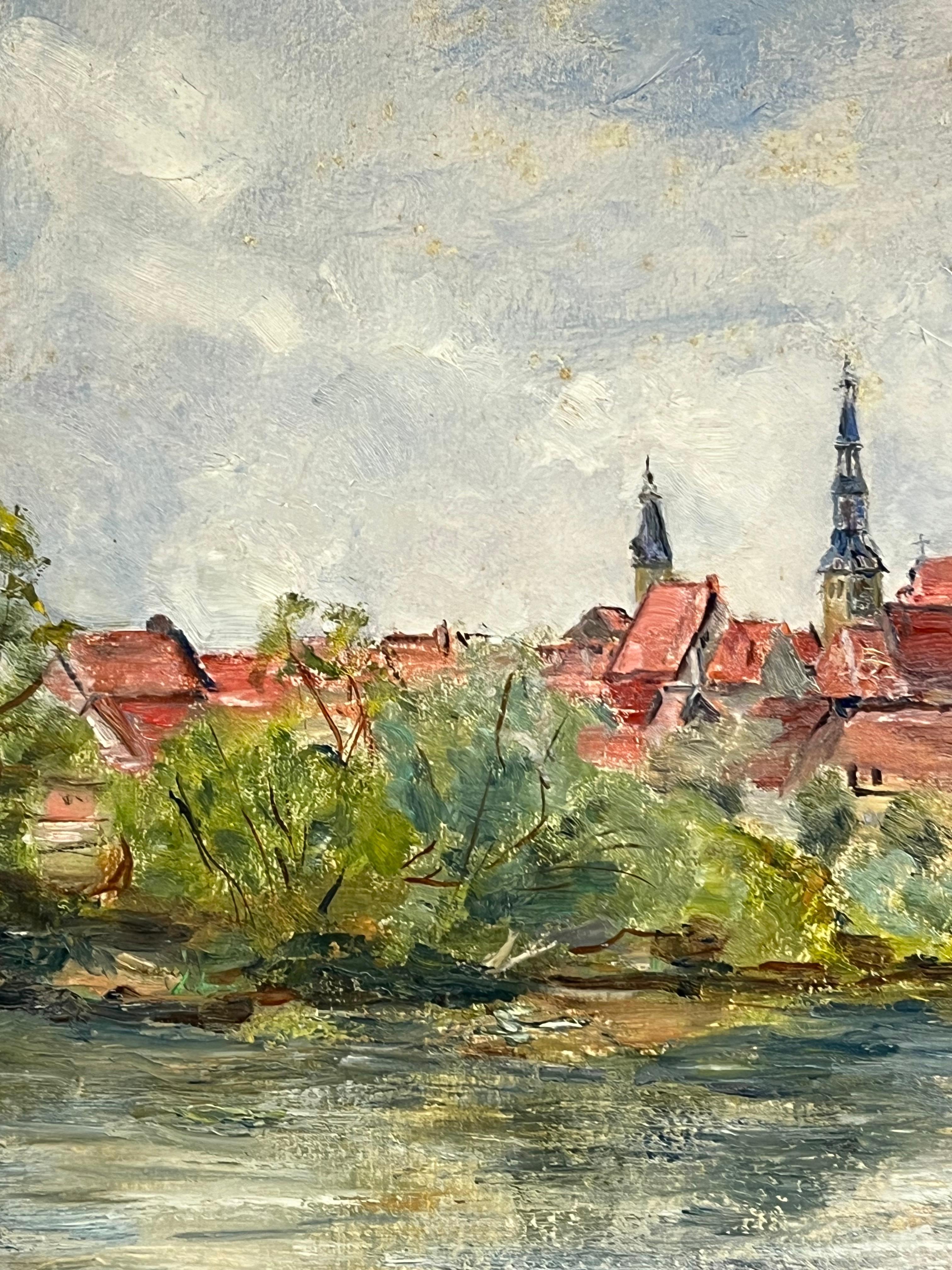 Französischer Impressionismus der 1930er Jahre Berck - Plage Townes mit Church's am Fluss (Beige), Landscape Painting, von Simone Forge