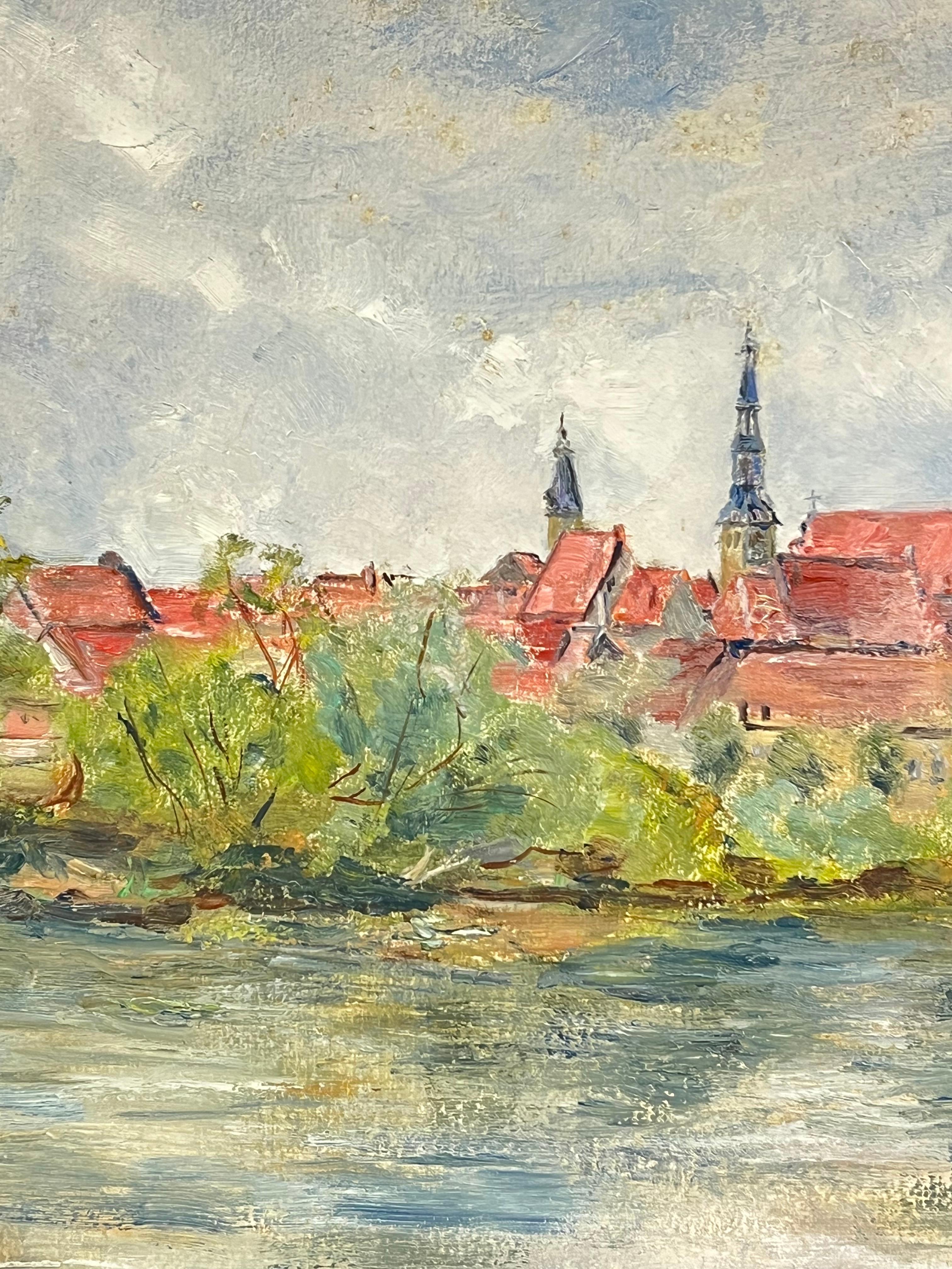 Französischer Impressionismus der 1930er Jahre Berck - Plage Townes mit Church's am Fluss im Angebot 1