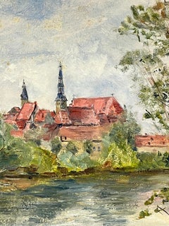 Impressionniste français des années 1930 à Berck - Townes avec des flèches d'église au bord de la rivière