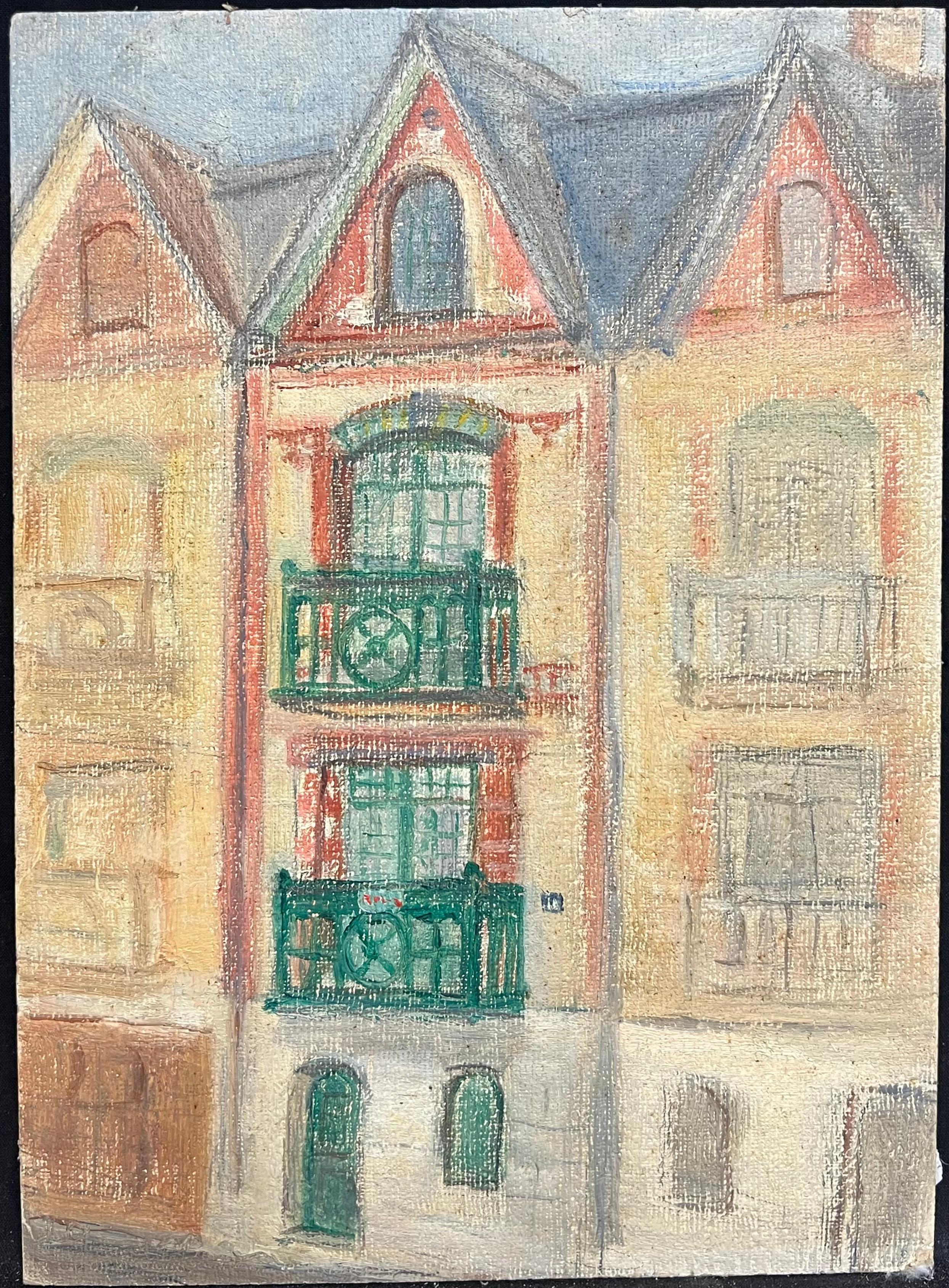 Impressionista francese degli anni '30 Incantevole casa a schiera francese con balconi verdi - Painting di Simone Forge