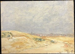 1930's French Impressionist Coastal Dunes with Distant Village Horizon Under Sky