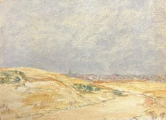 Antique 1930's French Impressionist Coastal Dunes with Distant Village Horizon Under Sky