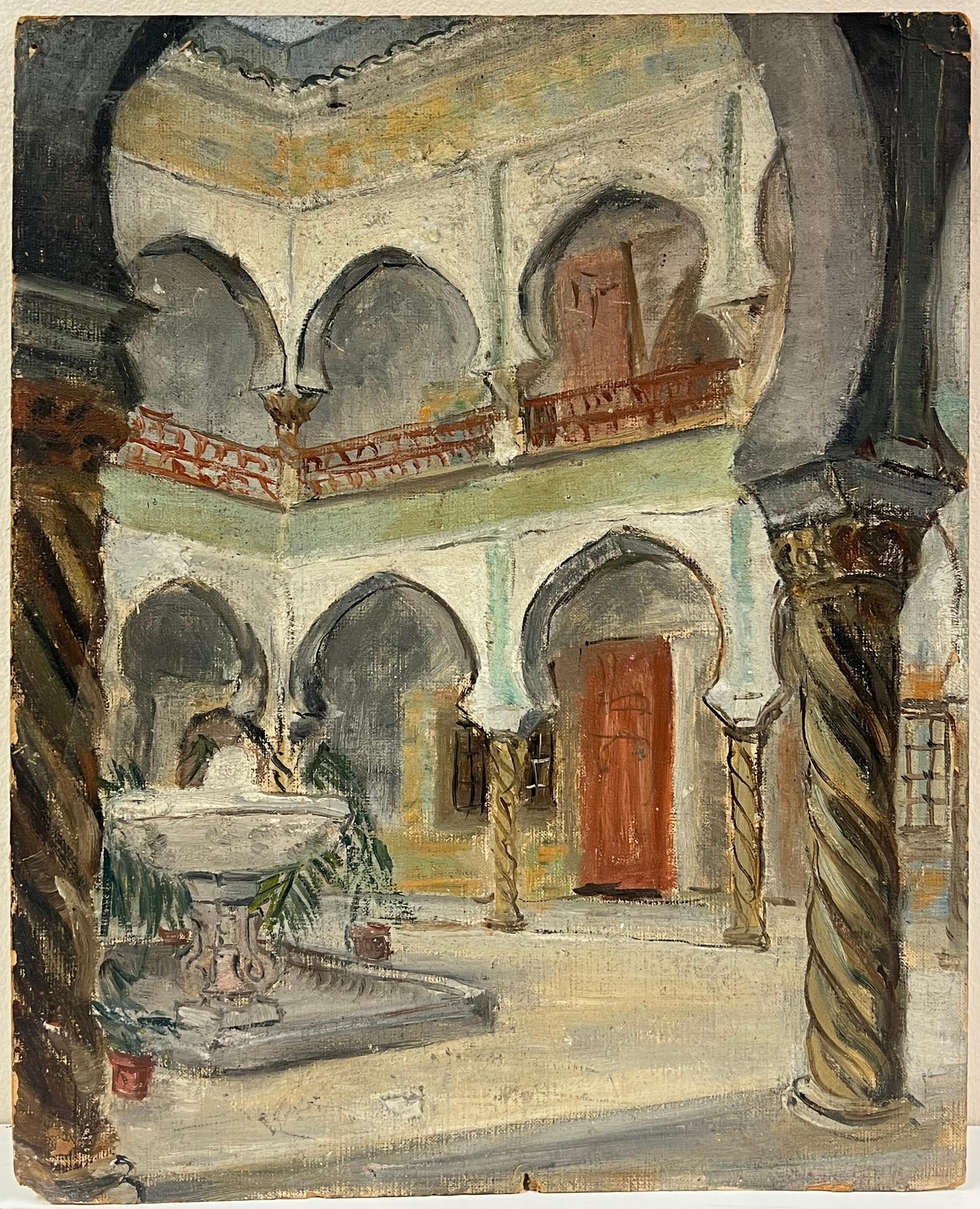 1930's French Impressionist Courtyard with Arched Colonnades and Fountain - Painting by Simone Forge