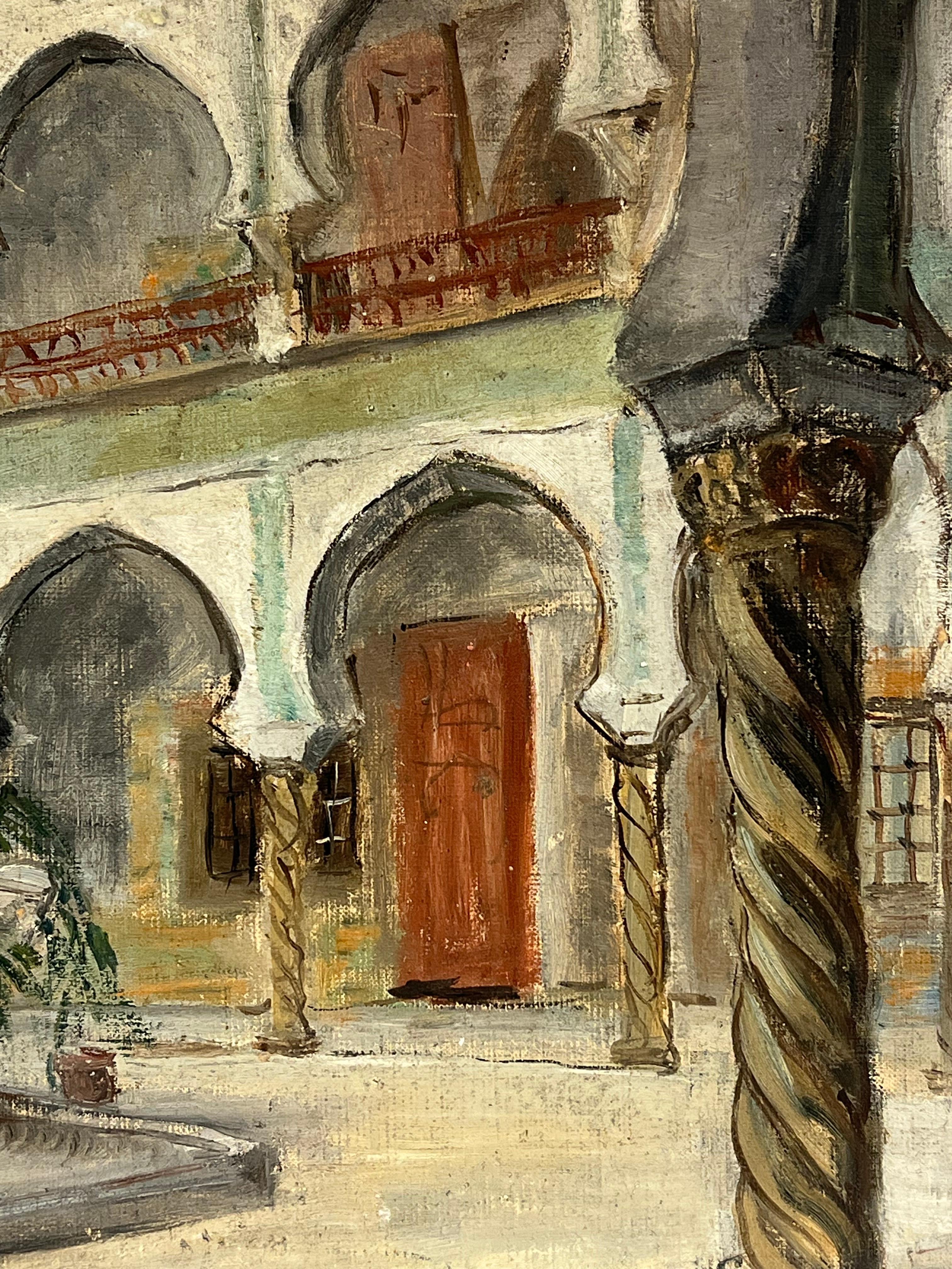 1930's French Impressionist Courtyard with Arched Colonnades and Fountain - Brown Landscape Painting by Simone Forge