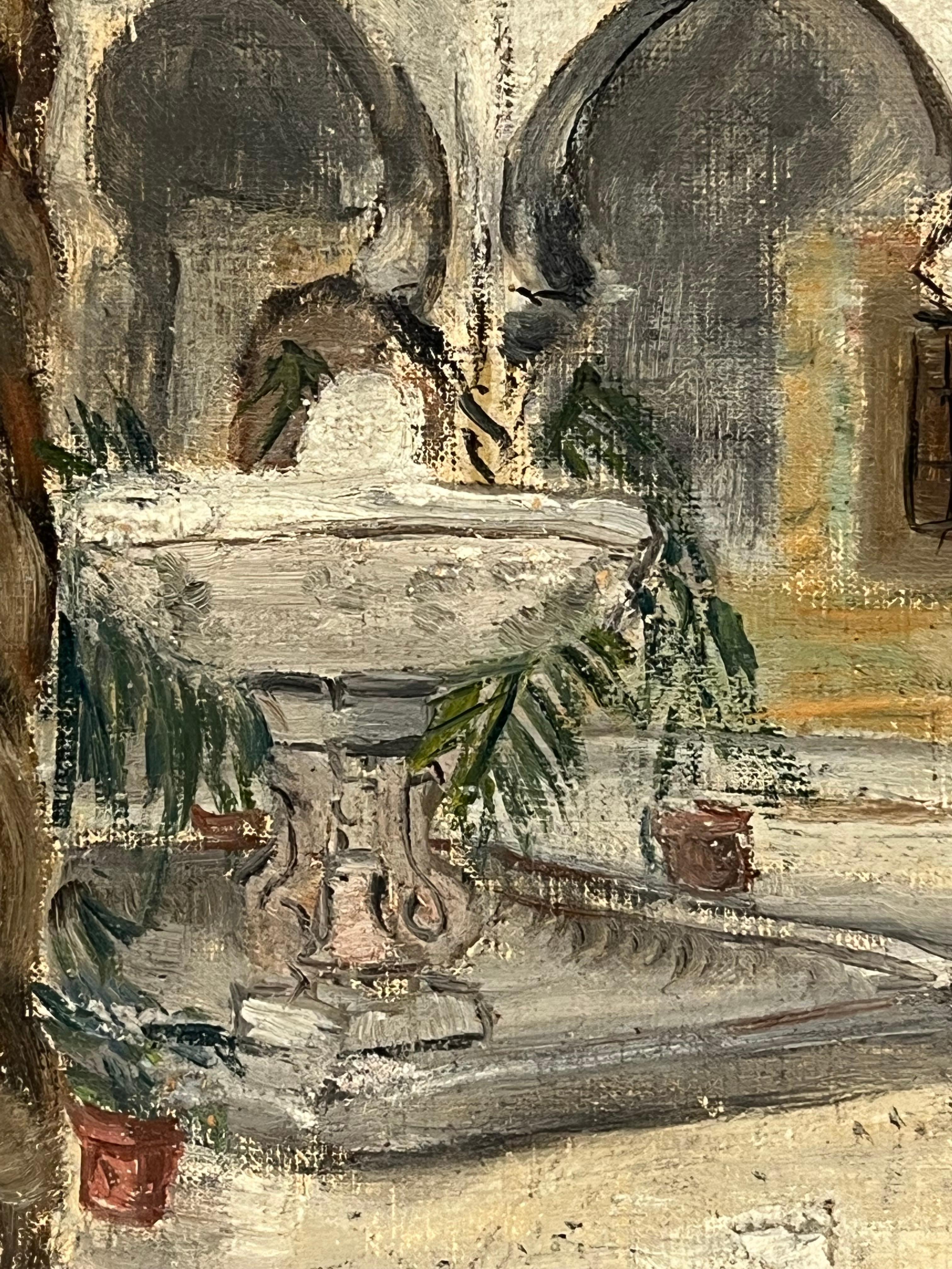 1930's French Impressionist Courtyard with Arched Colonnades and Fountain For Sale 1