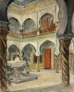 Cour impressionniste française des années 1930 avec colonnades arquées et fontaine