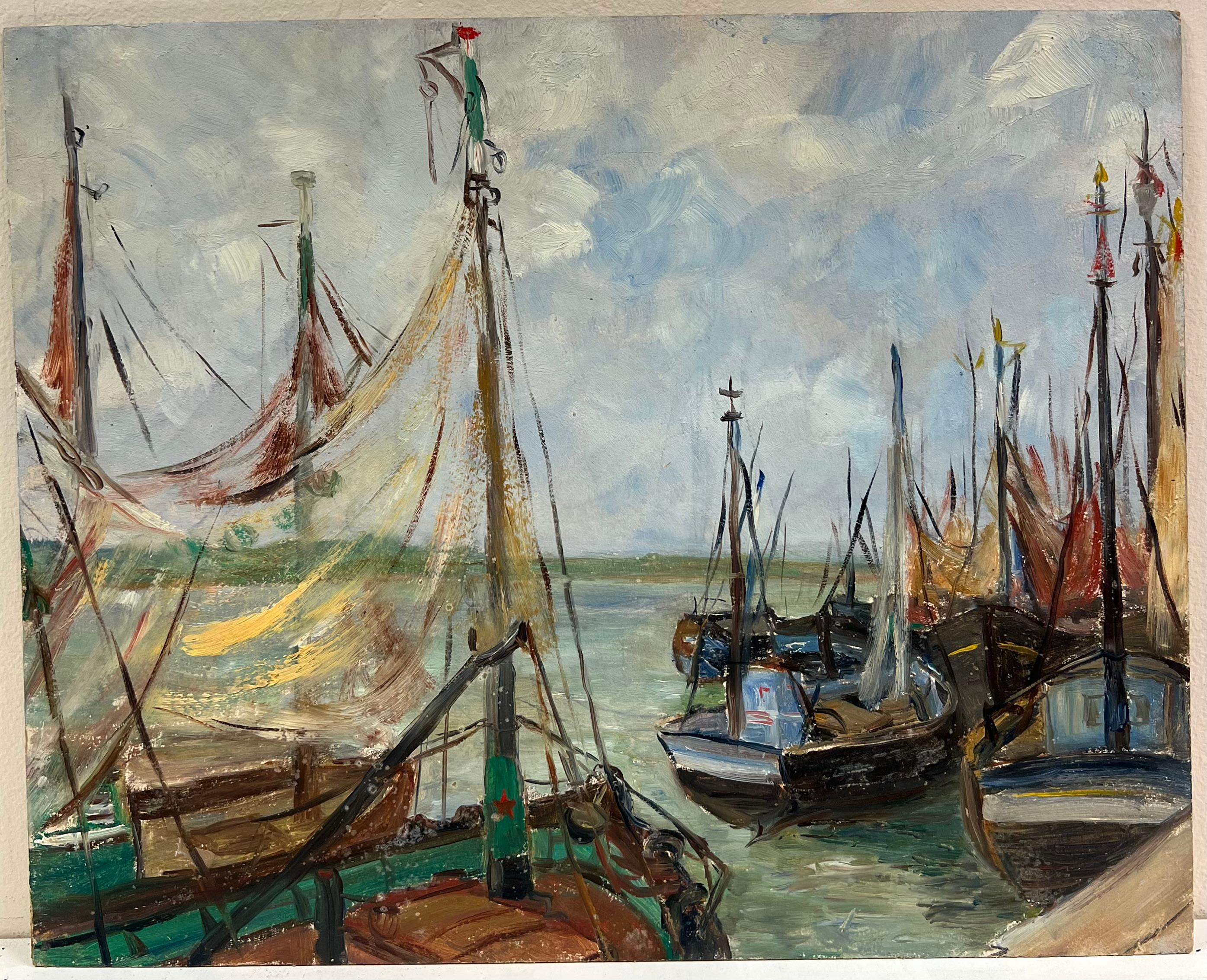 Französischer Impressionismus der 1930er Jahre Hafenszene mit Booten und wehenden Segeln – Painting von Simone Forge