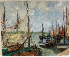 Scène de port impressionniste française des années 1930 avec bateaux et voiles de billard