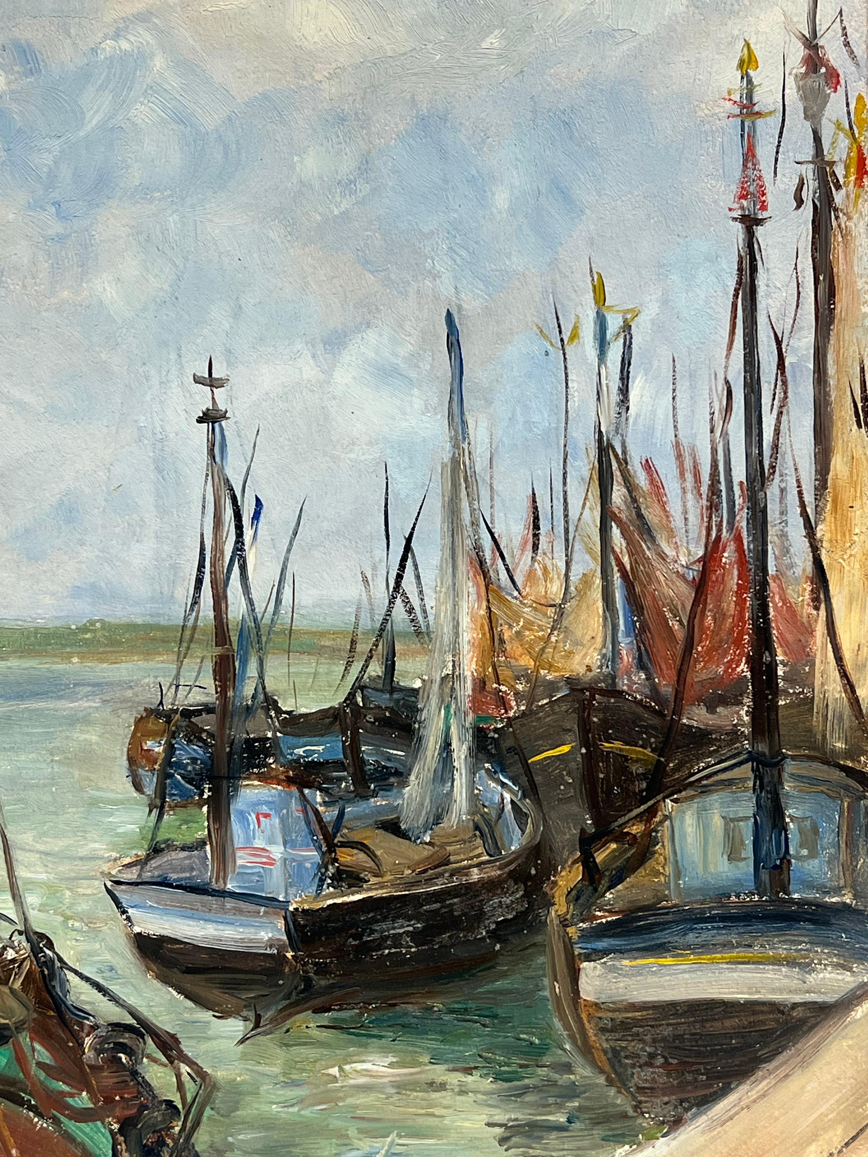 Französischer Impressionismus der 1930er Jahre Hafenszene mit Booten und wehenden Segeln (Grau), Landscape Painting, von Simone Forge
