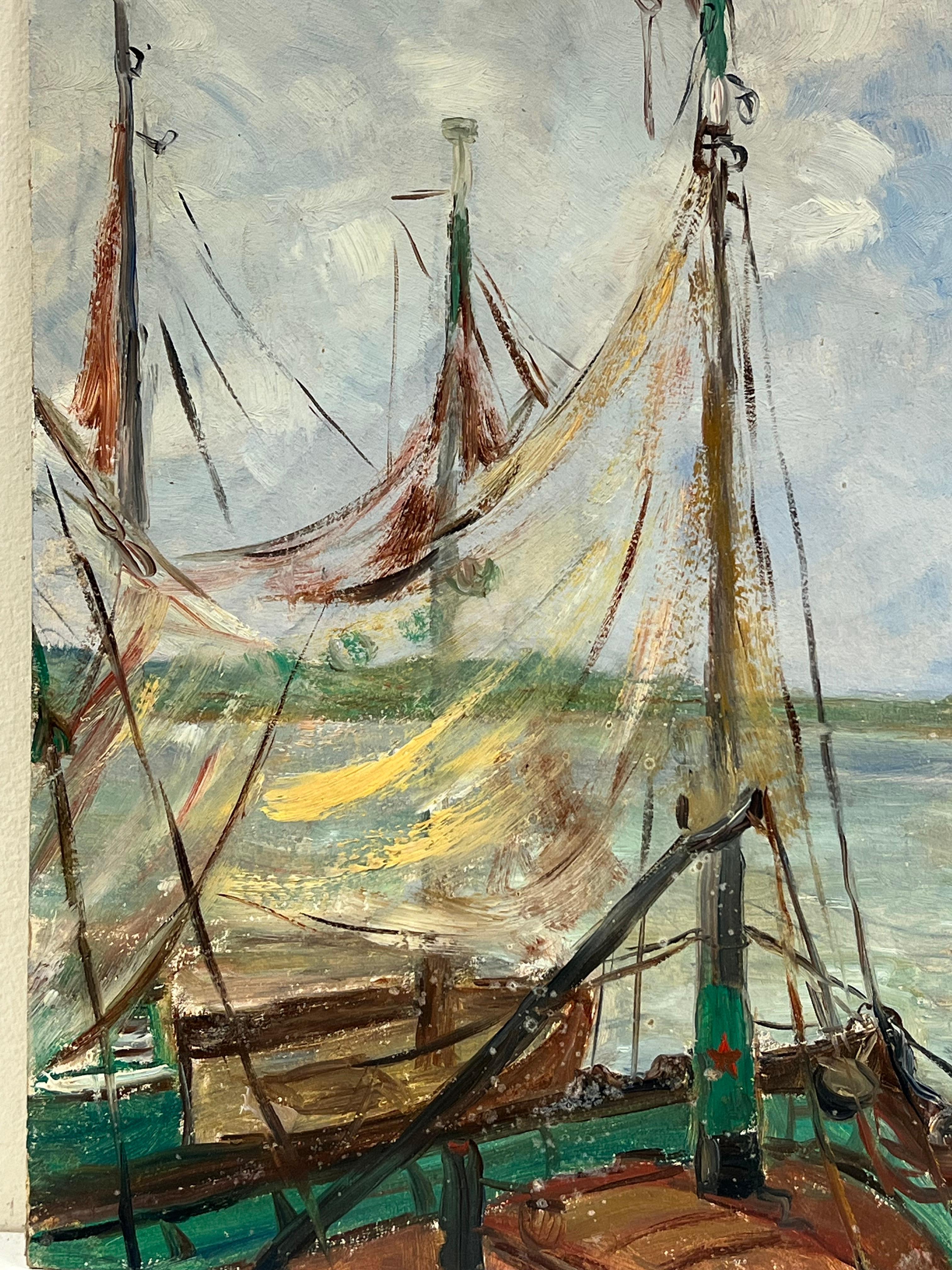 Französischer Impressionismus der 1930er Jahre Hafenszene mit Booten und wehenden Segeln im Angebot 1