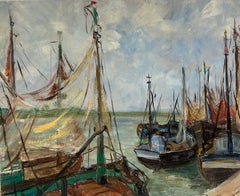 Escena portuaria impresionista francesa de 1930 con barcos y velas ondeantes