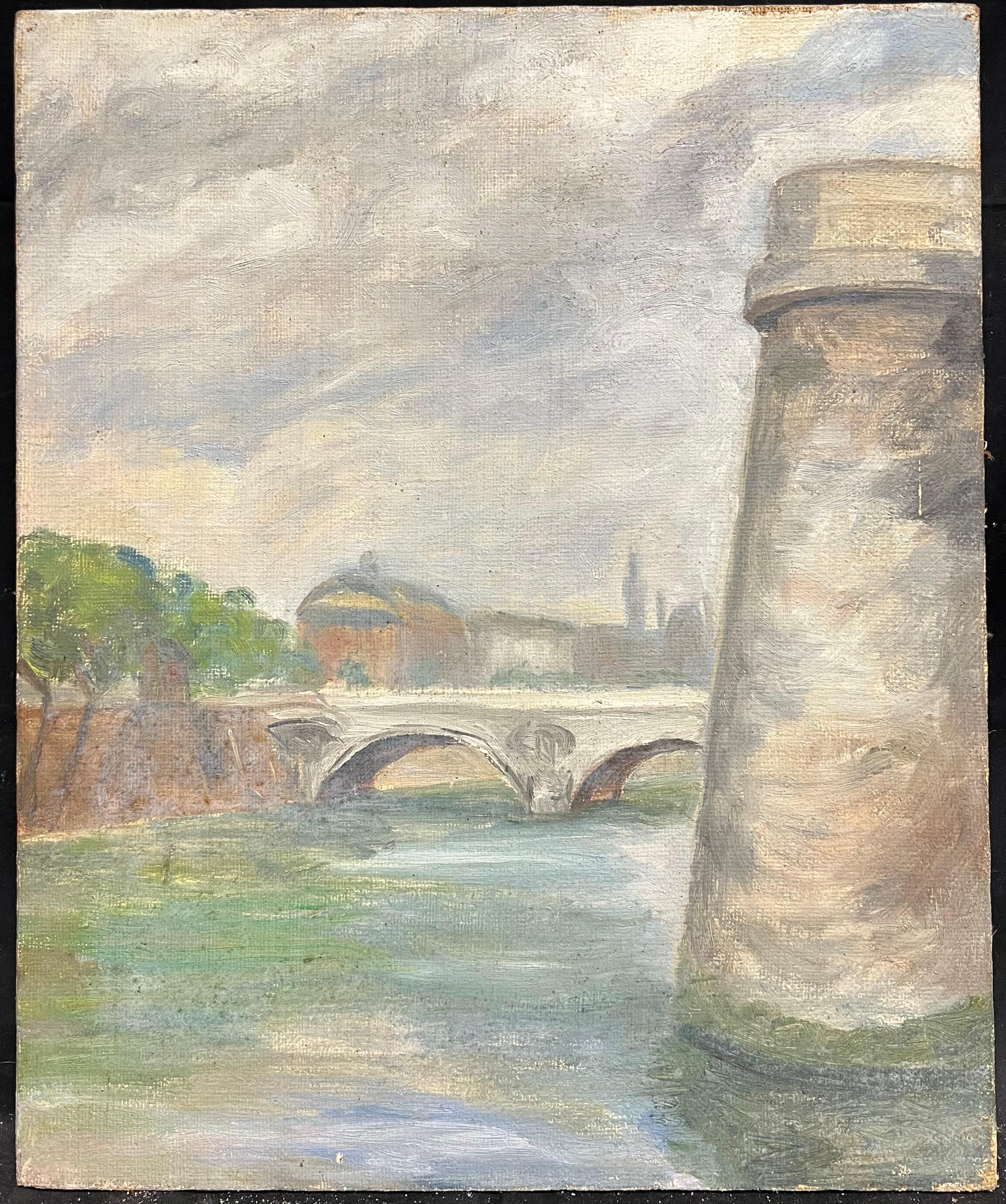 1930's French Impressionist Impressionistic Parisian Stone Bridge River Seine - Painting by Simone Forge