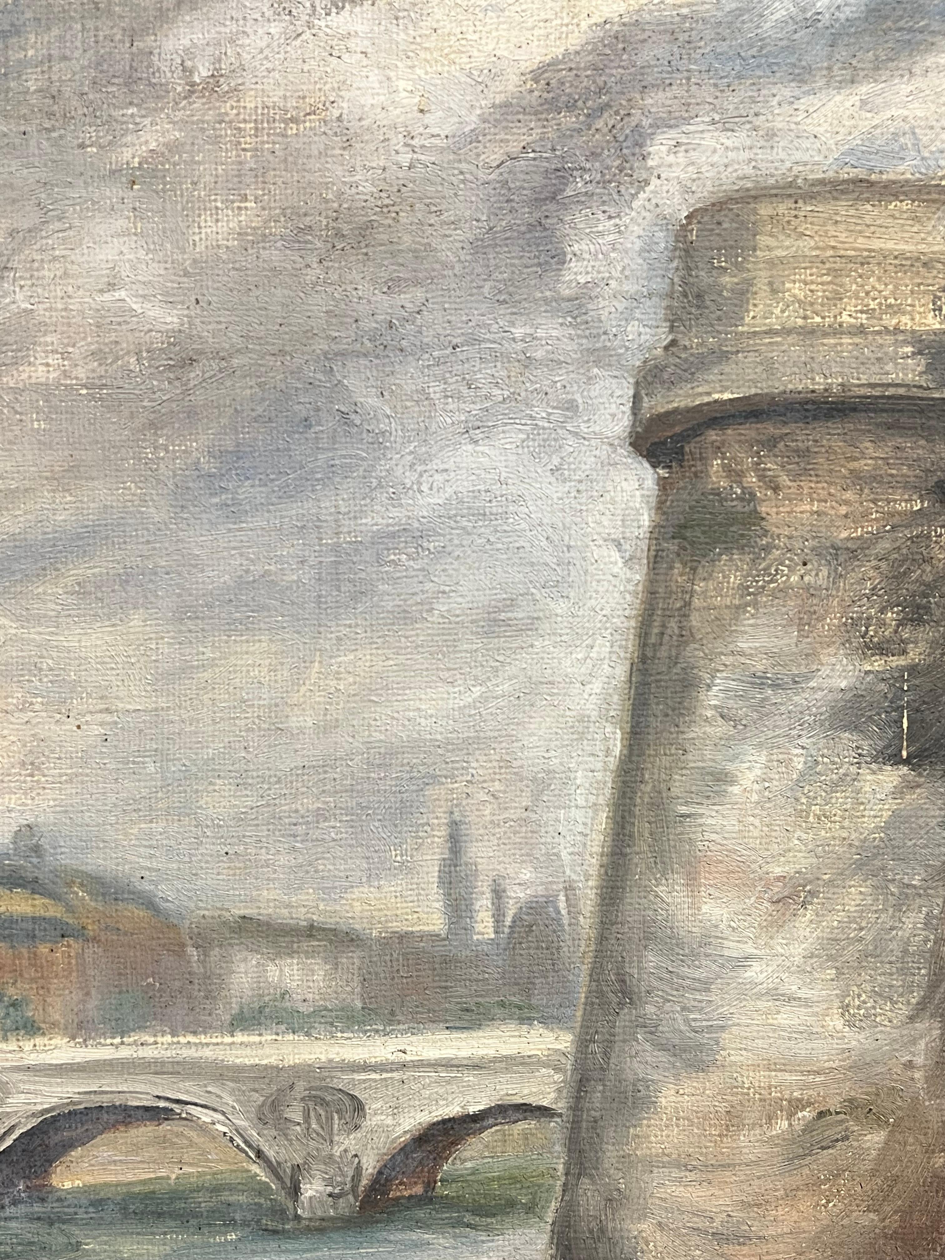1930's French Impressionist Impressionistic Parisian Stone Bridge River Seine - Beige Landscape Painting by Simone Forge