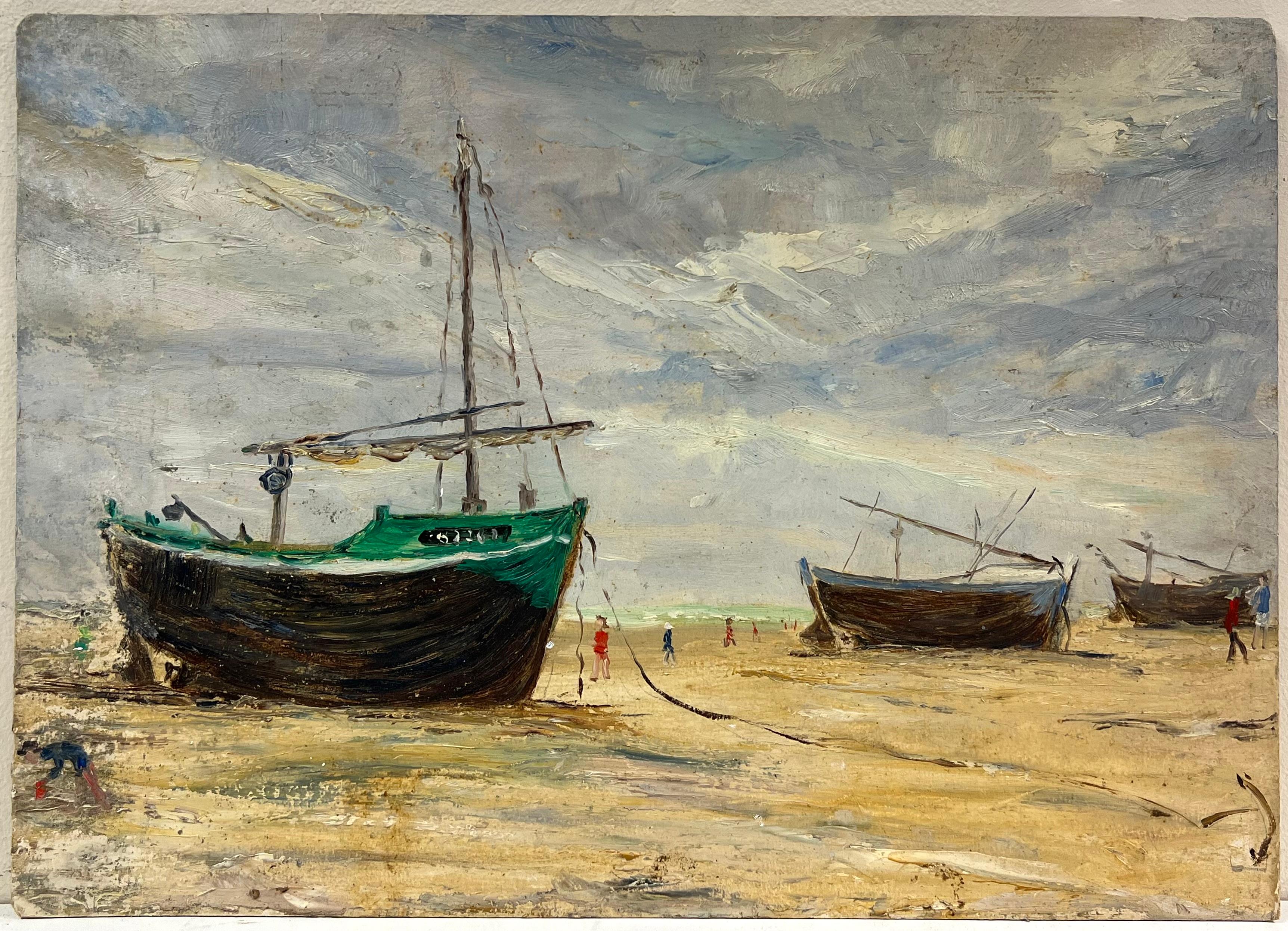 Französisch-impressionistisches Low Tide der 1930er Jahre mit Fischerbooten und Figuren an der Shore – Painting von Simone Forge