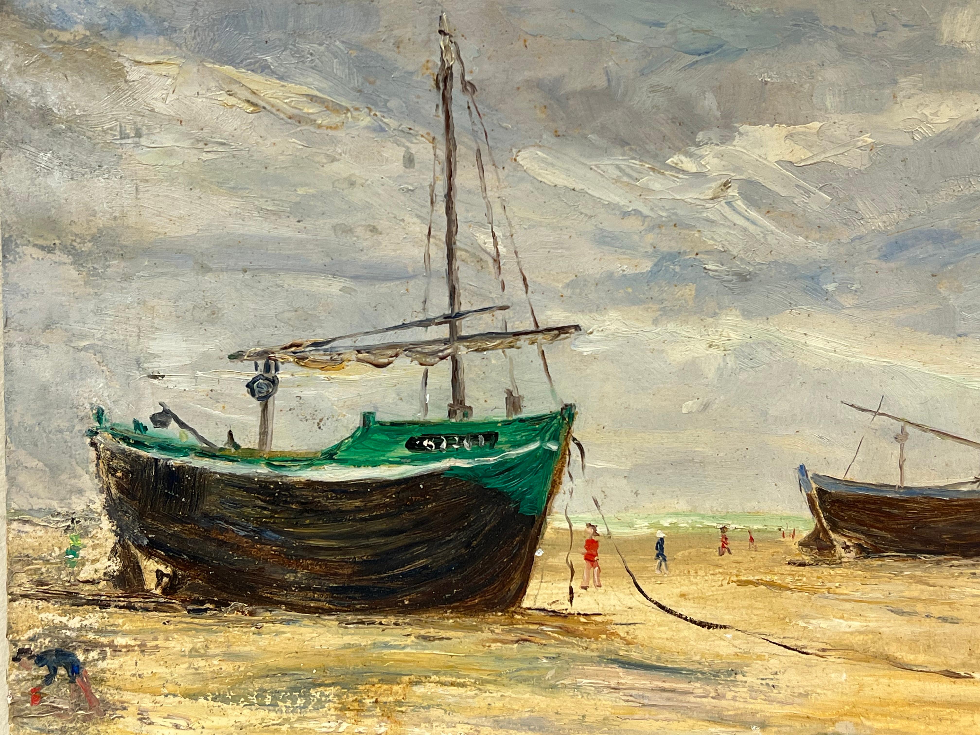 Französisch-impressionistisches Low Tide der 1930er Jahre mit Fischerbooten und Figuren an der Shore (Braun), Landscape Painting, von Simone Forge