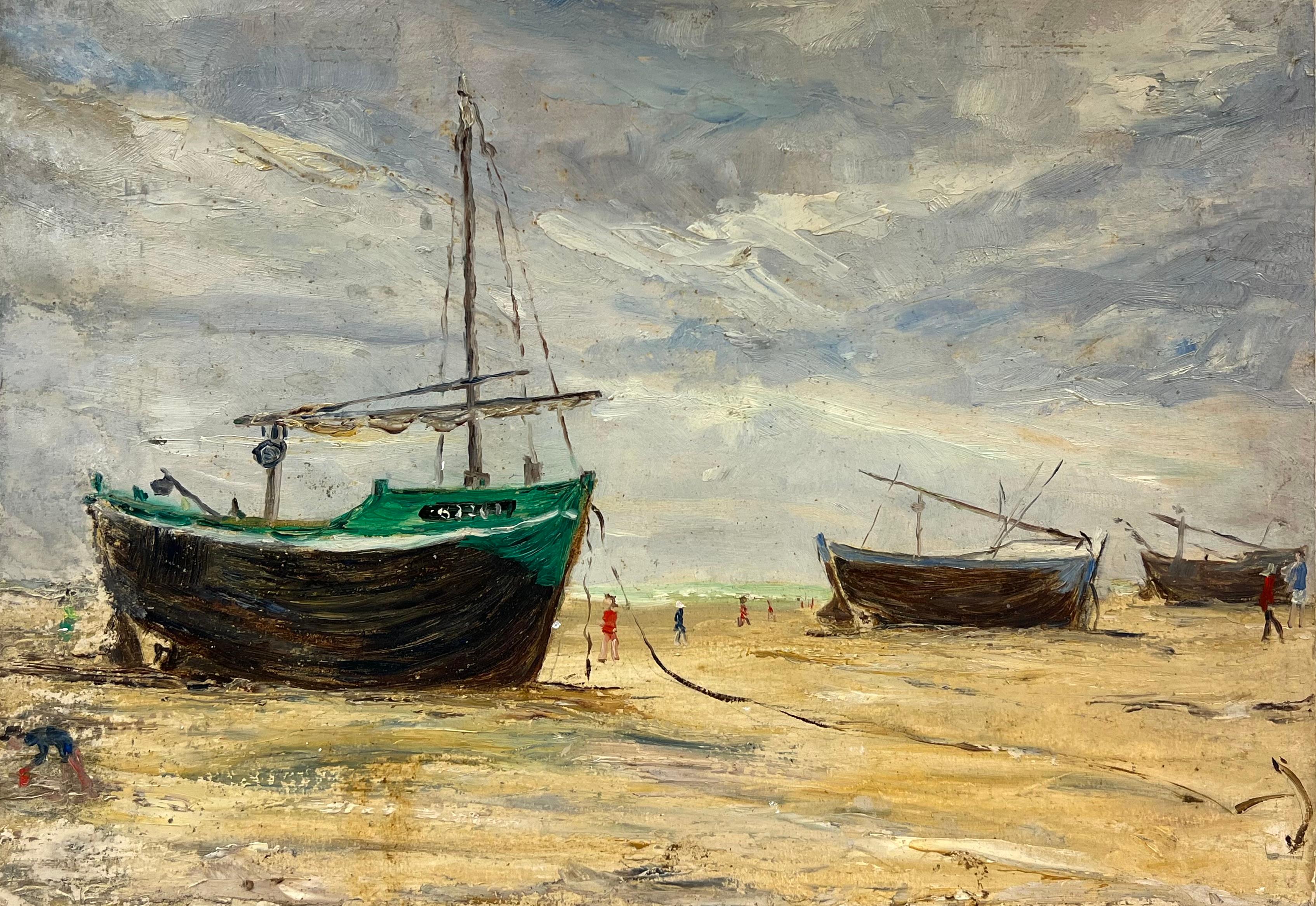 Französisch-impressionistisches Low Tide der 1930er Jahre mit Fischerbooten und Figuren an der Shore