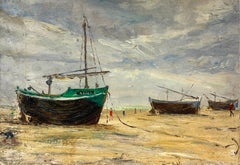 1930 Impresionista francés Marea baja con barcos de pesca y figuras en la orilla