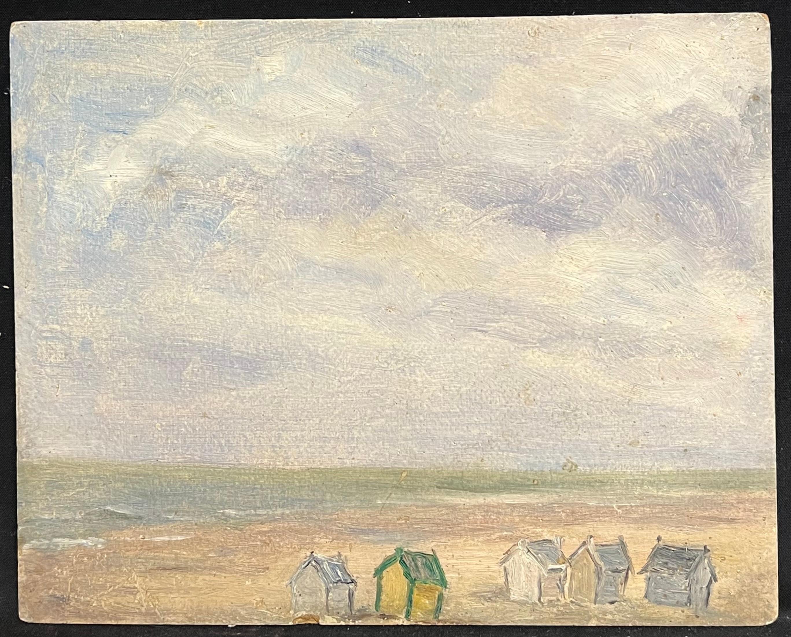 1930's French Impressionist Minimalist Beach Scene with Distant Huts Under Sky - Painting by Simone Forge