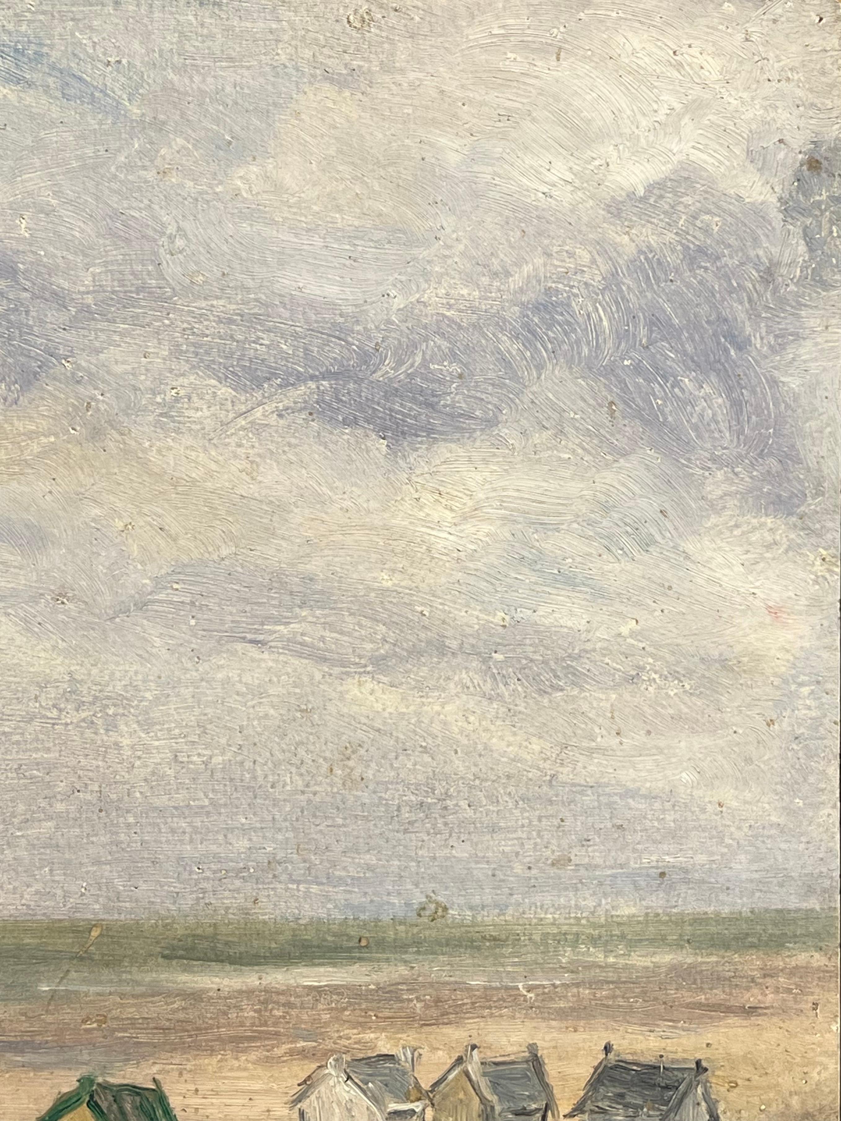 1930's French Impressionist Minimalist Beach Scene with Distant Huts Under Sky - Beige Landscape Painting by Simone Forge