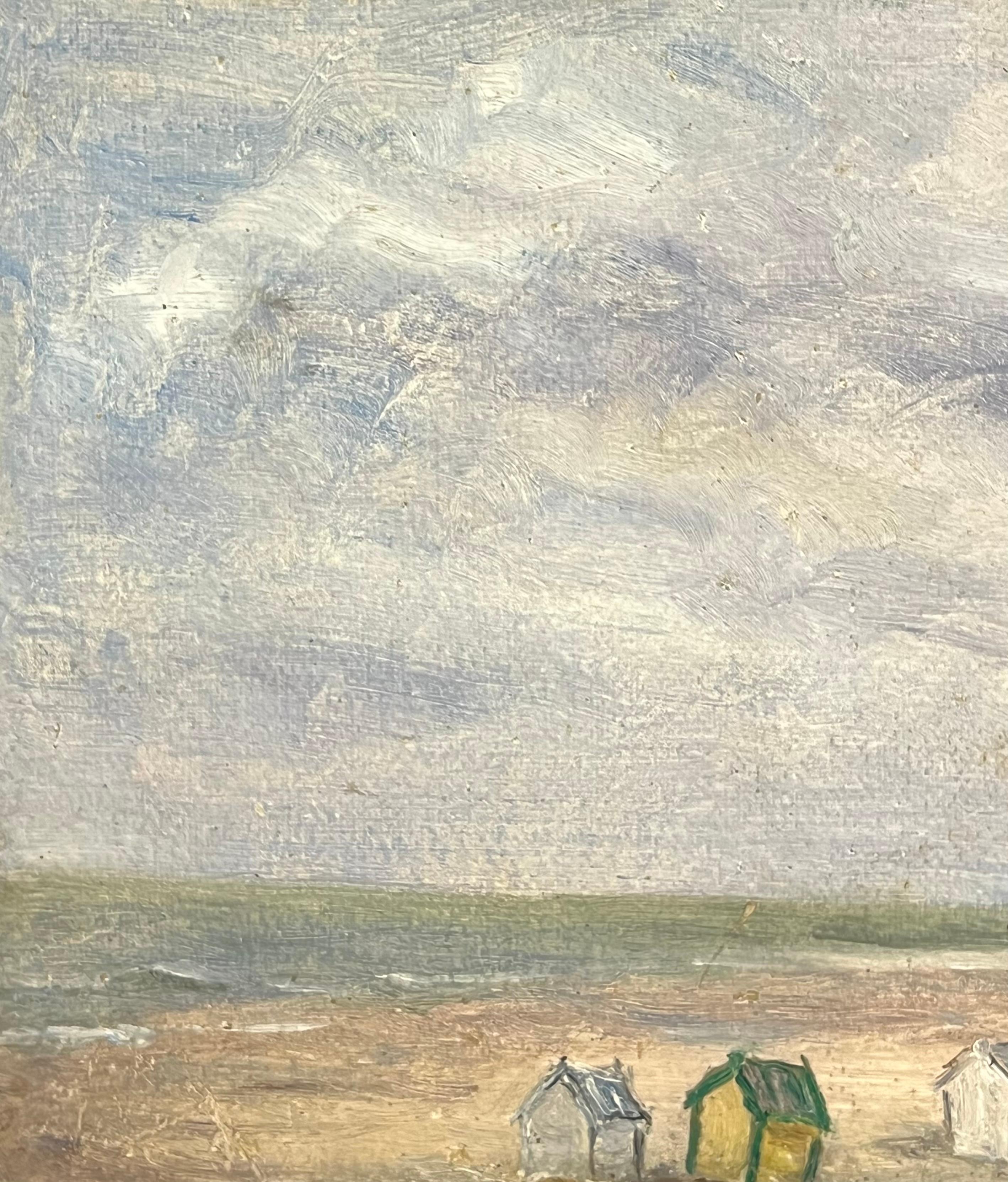 1930's French Impressionist Minimalist Beach Scene with Distant Huts Under Sky 1