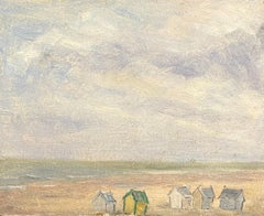 1930's French Impressionist Minimalist Beach Scene with Distant Huts Under Sky