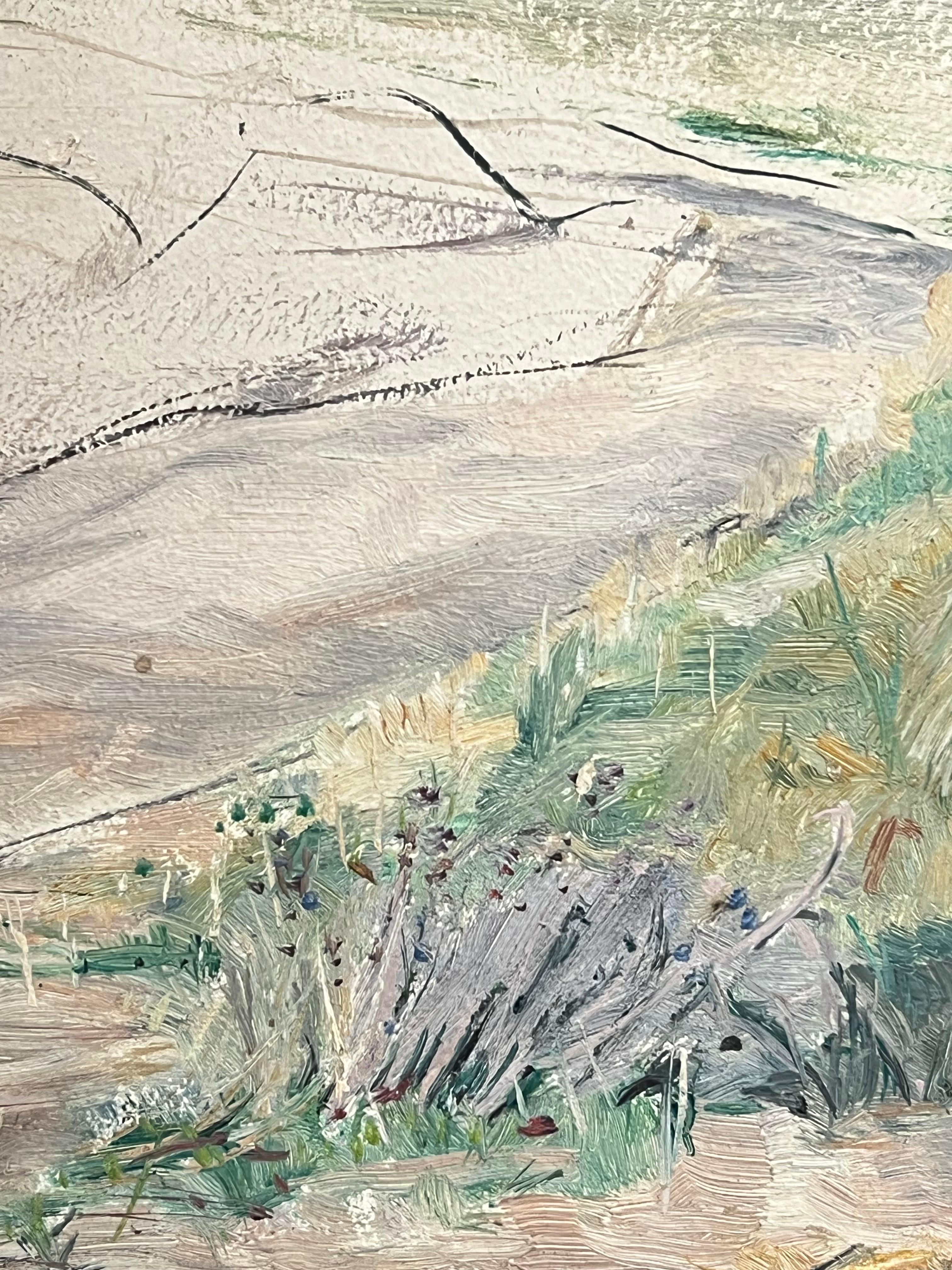 Französischer Impressionismus der 1930er Jahre Minimalistische Küstenlandschaft mit sanftem Pinselstrich (Beige), Landscape Painting, von Simone Forge