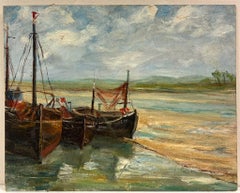 1930's French Impressionist Oil Fishing Boats Beached in Estuary