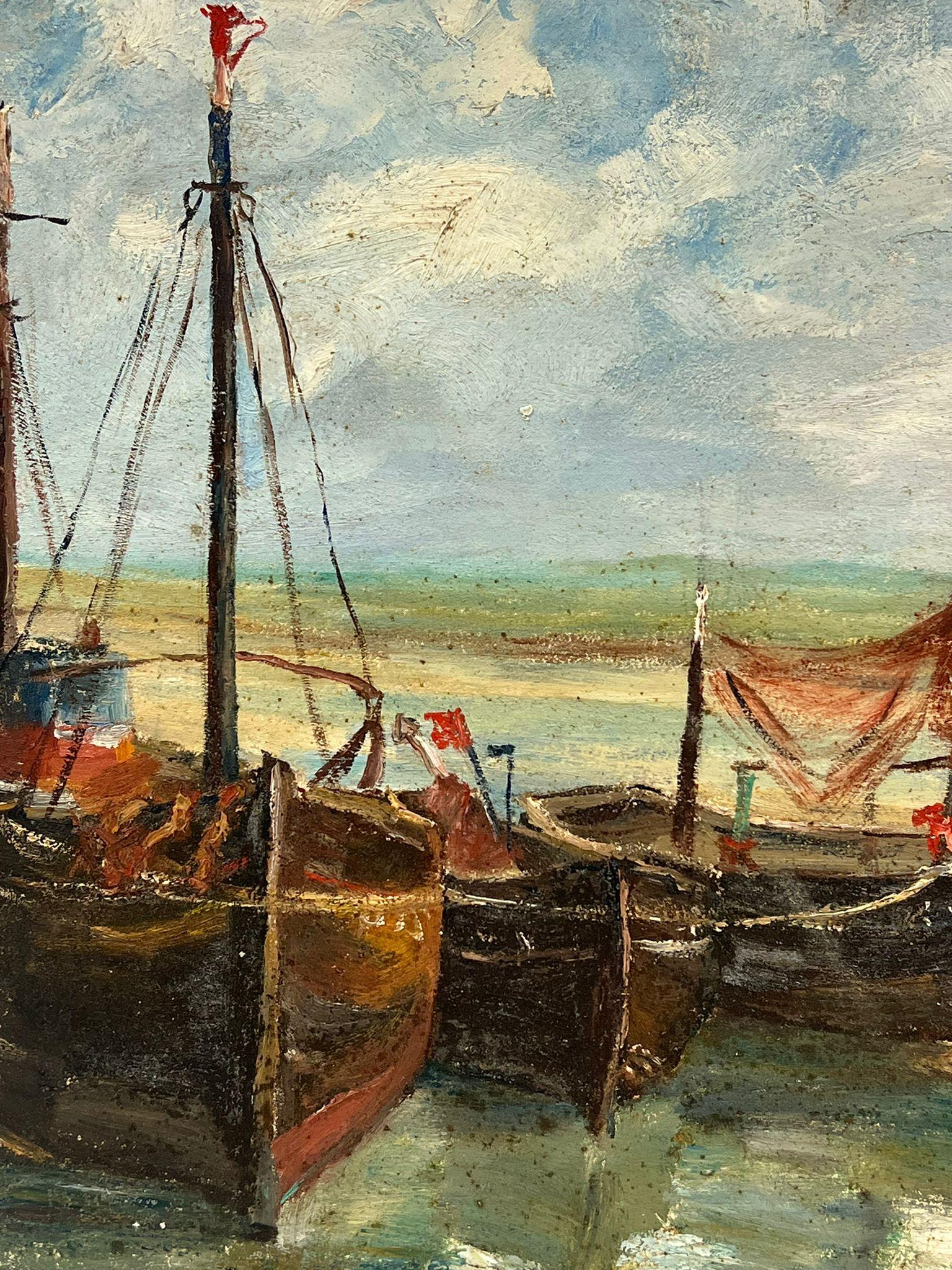 1930er Jahre Französisch Impressionist Öl Fischerboote gestrandet in Mündung (Impressionismus), Painting, von Simone Forge